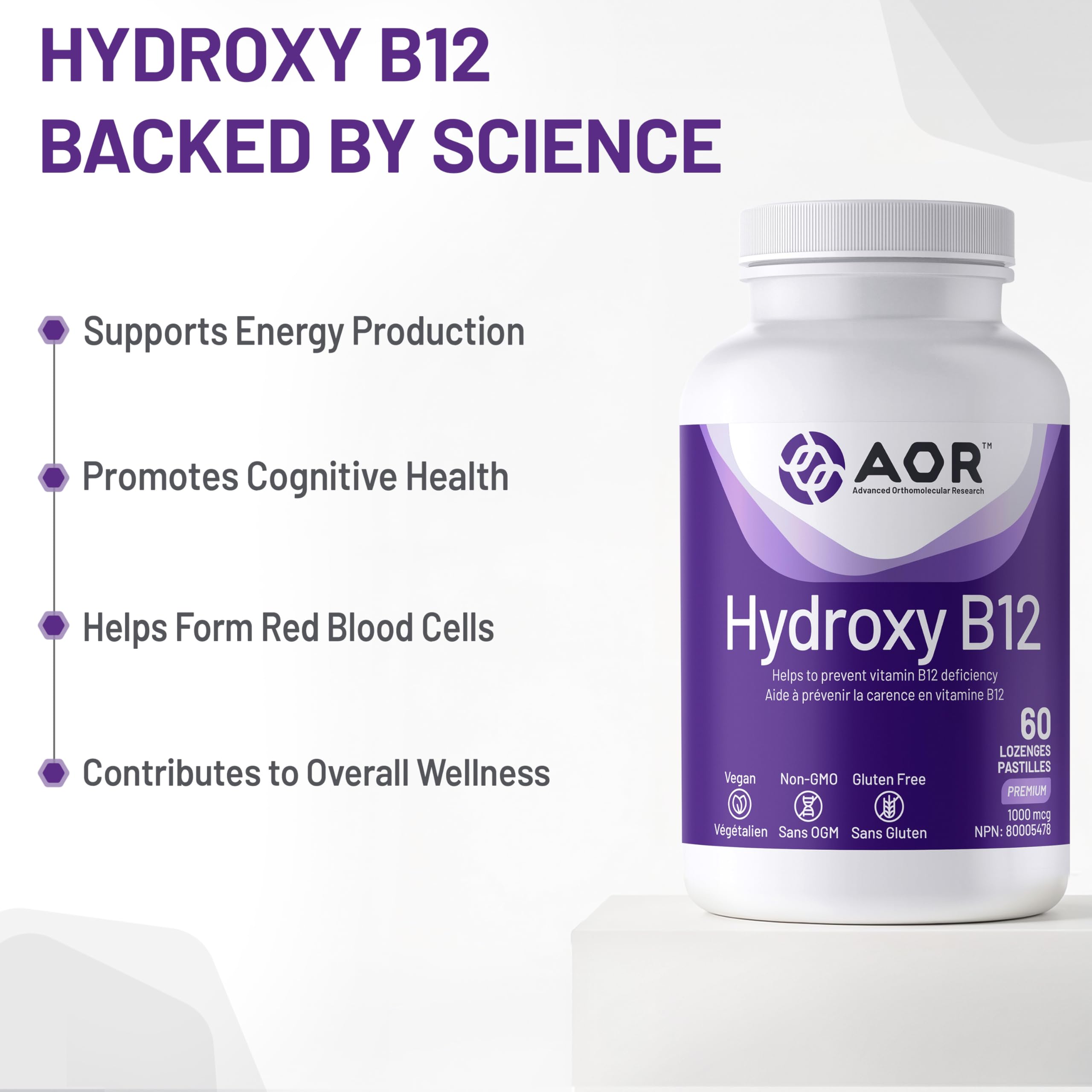 AOR Hydroxy B12 1000mcg, 60 pastilles, approvisionnement de 60 jours – Supplément de vitamine B12 (hydroxocobalamine) pour l'énergie et le soutien métabolique – Soutien optimal du système nerveux – Végétalien, sans OGM et sans gluten