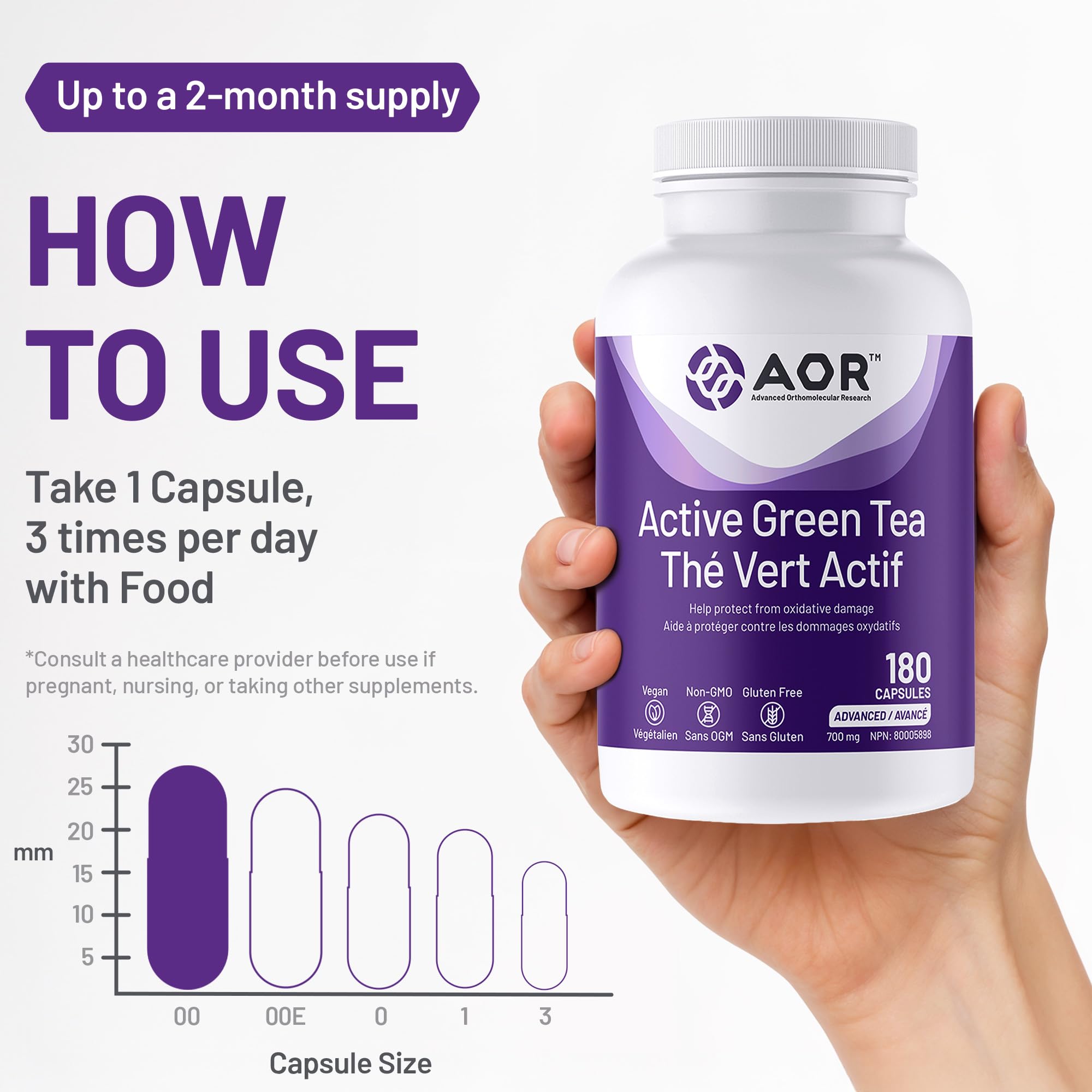 AOR Thé Vert Actif 700mg, 180 Gélules, 60 Jours d'Approvisionnement - Puissant Supplément d'Extrait de Thé Vert EGCG pour le Soutien Hépatique et Digestif et la Santé Cardiovasculaire - Formule Antioxydante Végane, Sans OGM et Sans Gluten