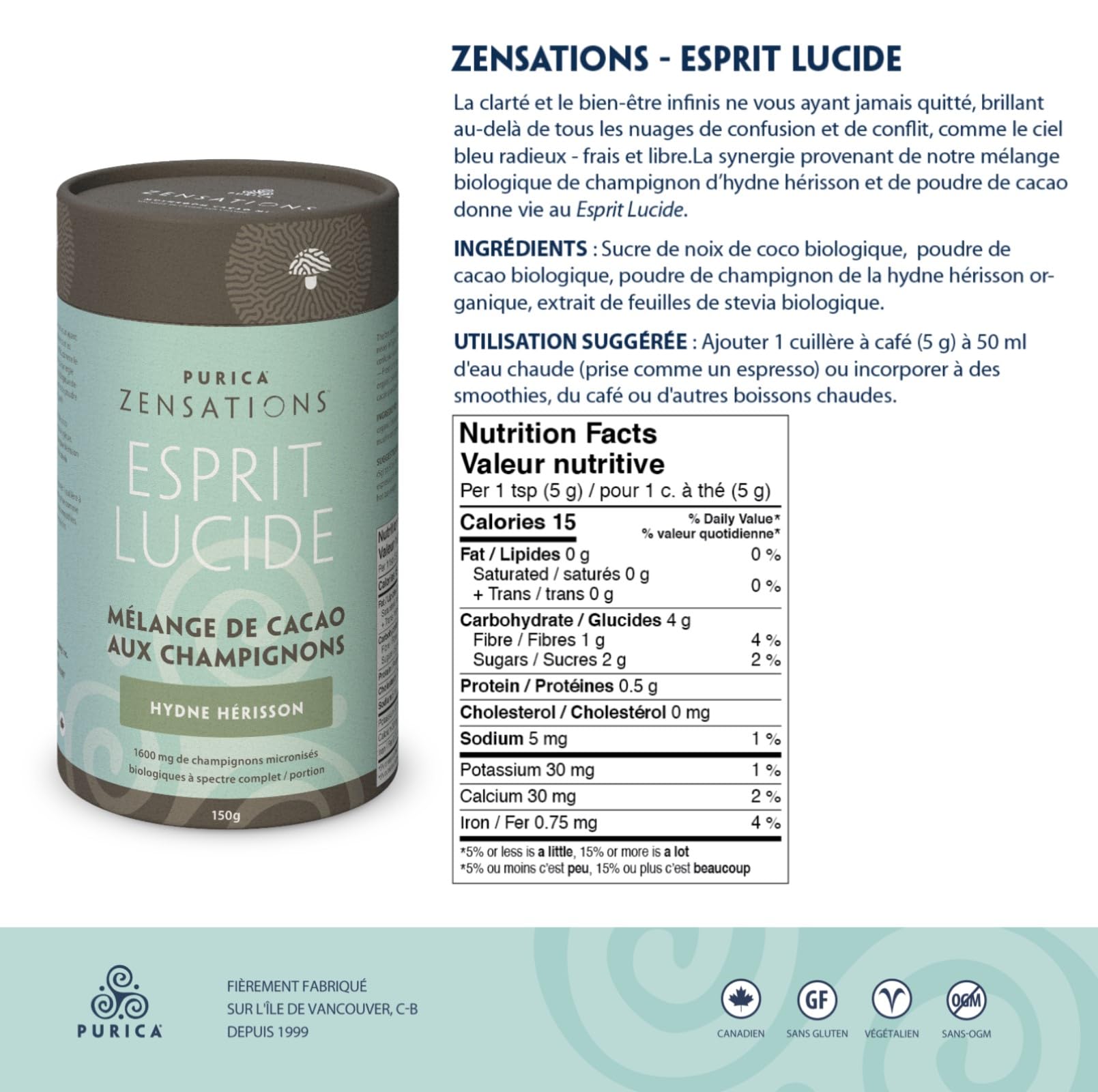 PURICA - Boisson cacao au champignon Reishi rouge Zensations - 150 g