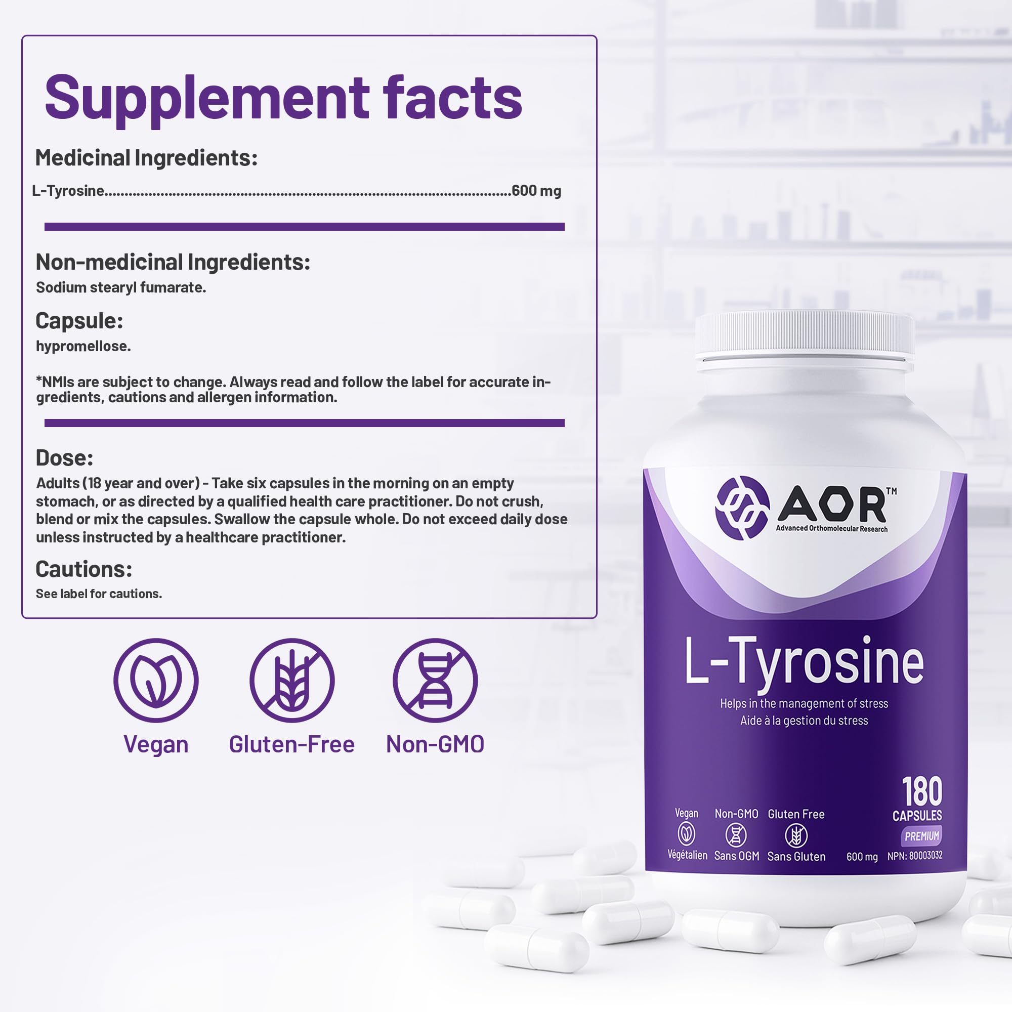 AOR L-Tyrosine 600mg 180 Capsules 30-Day Supply - Vegan, Non-GMO, Gluten-Free - L-Tyrosine Supplement to Support Brain Function, Promote Focus, Mental Clarity, Cognitive Performance and Restful Sleep