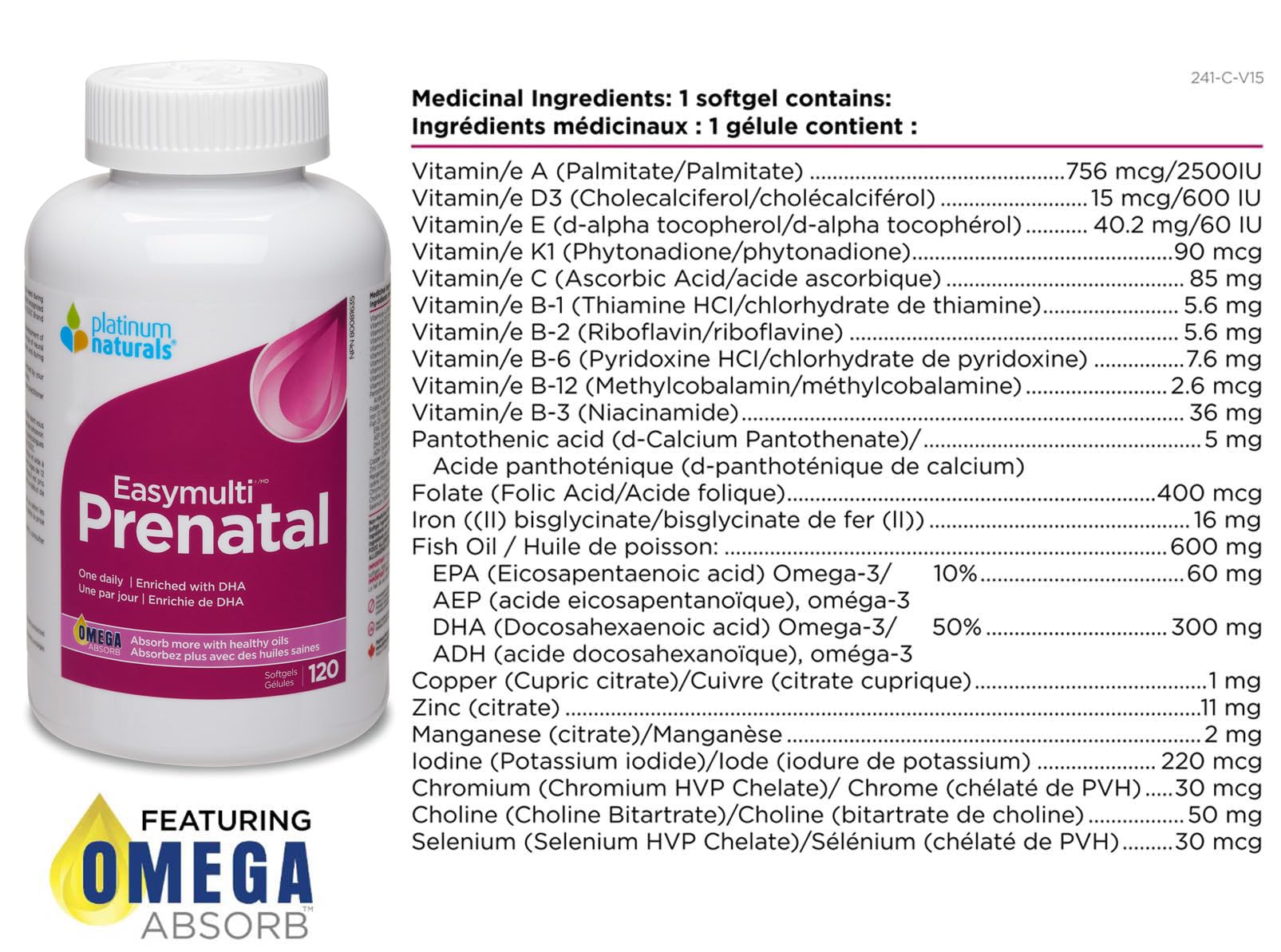 Platinum Naturals - Prenatal Easymulti | Une fois par jour | Enrichi en ADH