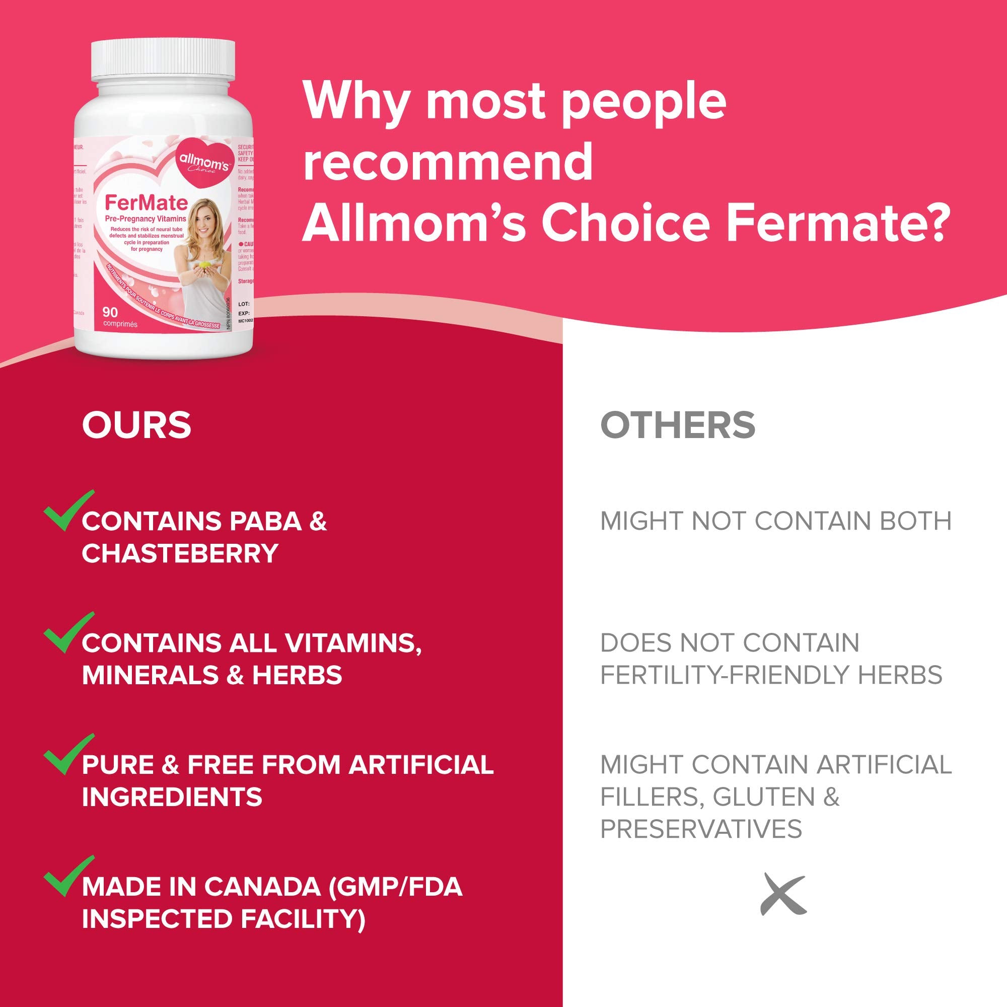 Vitamines prénatales fertilité pour femmes qui essaient de concevoir, favorise des cycles sains, aide à la fertilité - Vitex (gattilier), PABA, Folate Acide Folique 500mcg, B12, Zinc - 45 jours d'approvisionnement - Allmom's Choice