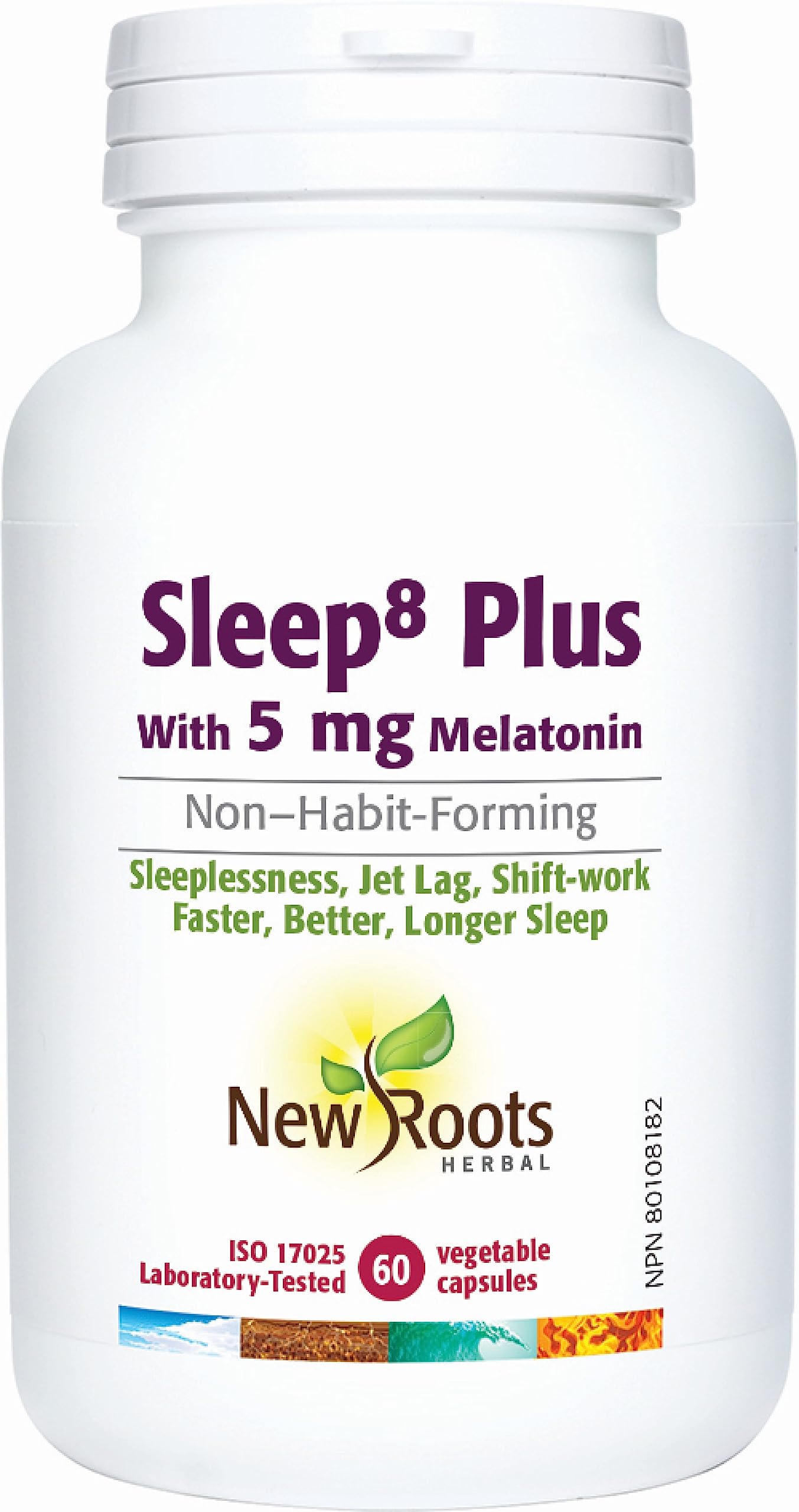 New Roots Herbal Sleep™ Plus avec 5 mg de mélatonine, 60 capsules végétales, approvisionnement de 60 jours, sans OGM, sans gluten, formule à action rapide avec passiflore, favorise des nuits reposantes et la relaxation, aide au sommeil pour adultes