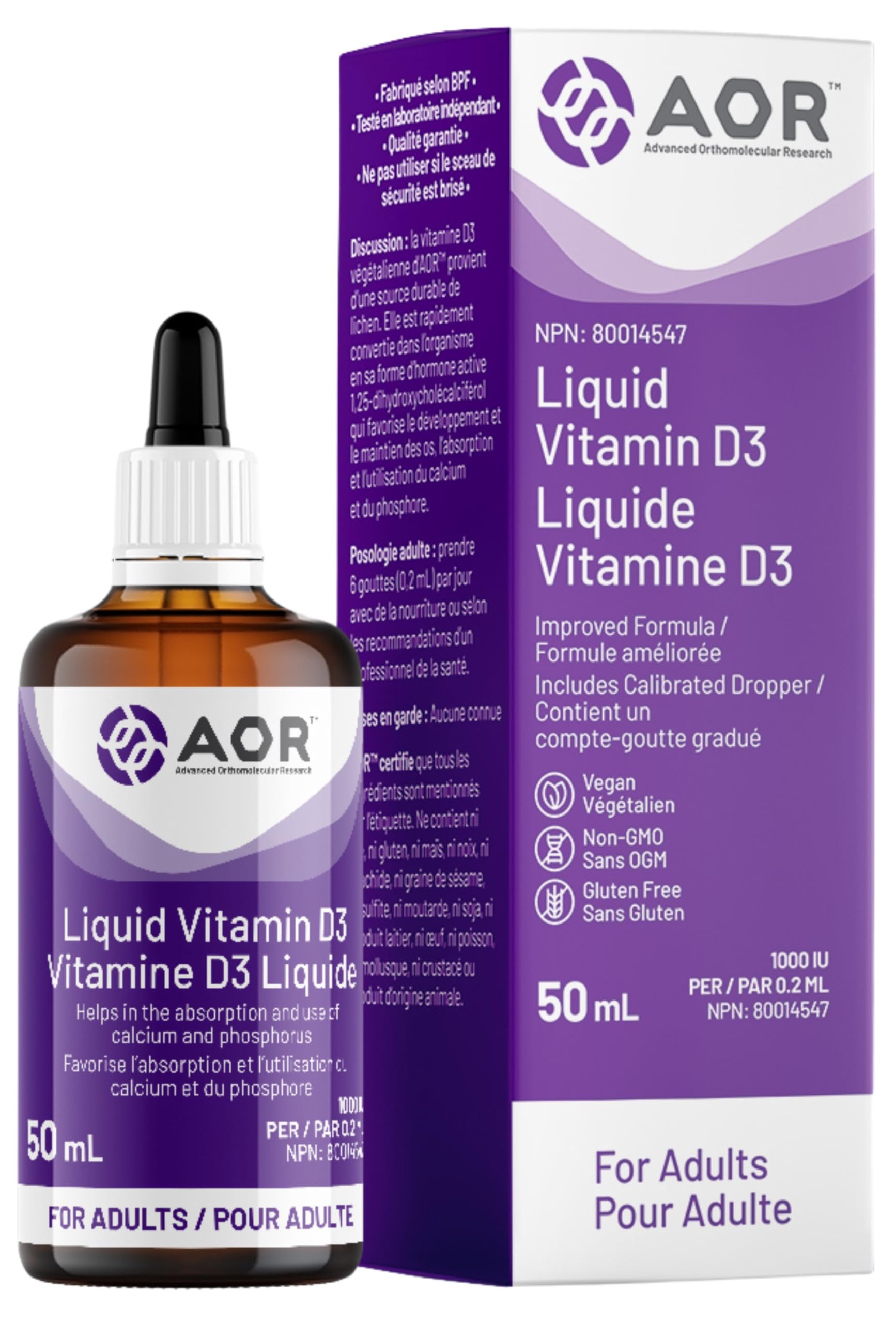 AOR - Vitamin D3 1000 IU, 50 ml Vdrops - Liquid Vitamin D3 Drops for Adults - Cholecalciferol Vitamin D3 with Calcium for Bone Health and Immune System Support - Vegan Vitamin D3 Supplement