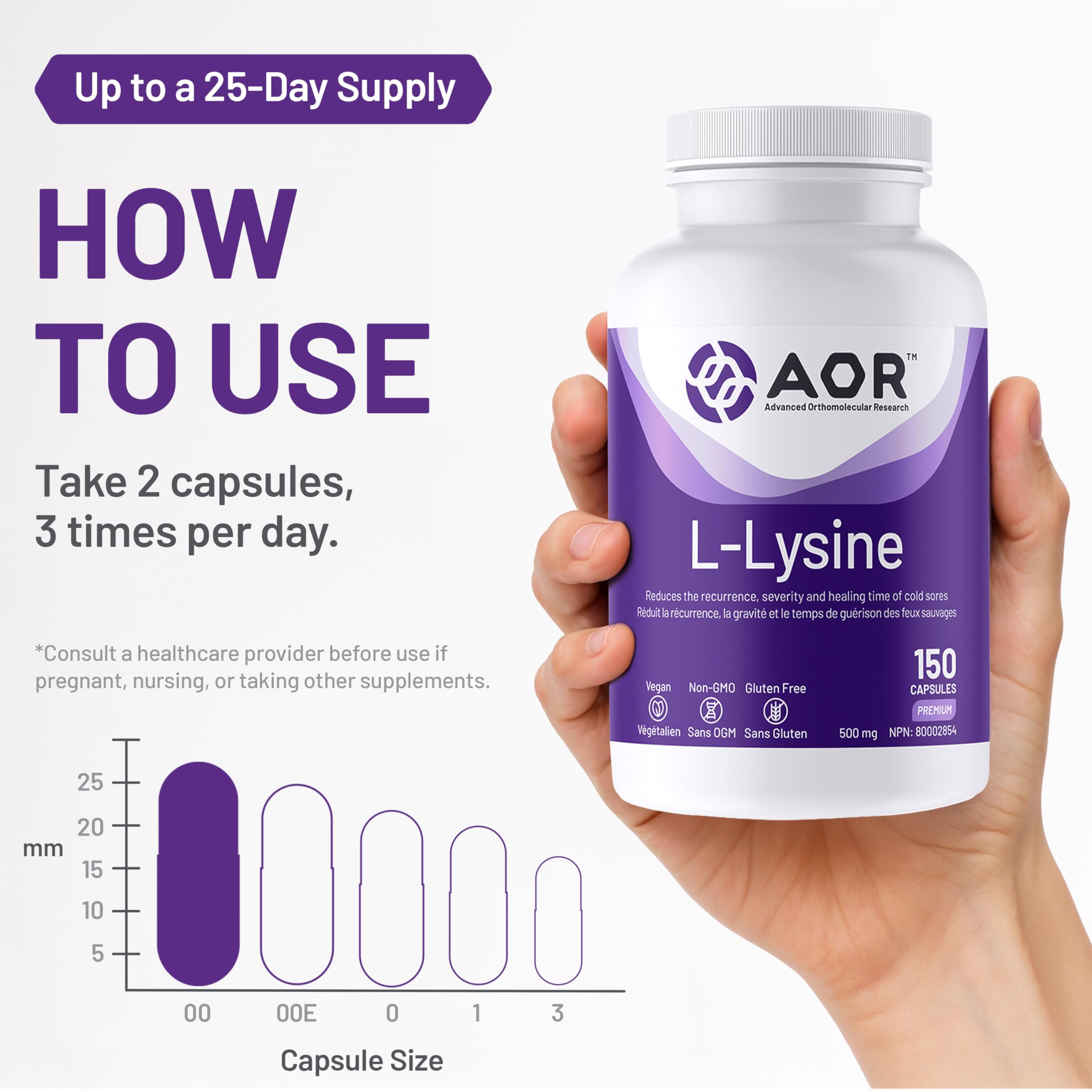 AOR L-Lysine 500mg 150 Vegan Capsules with Essential Amino Acid Support for Wellness, Gluten-Free & Non-GMO Supplement for Everyday Care, Promotes Healthy Hair, Nails & Overall Vitality