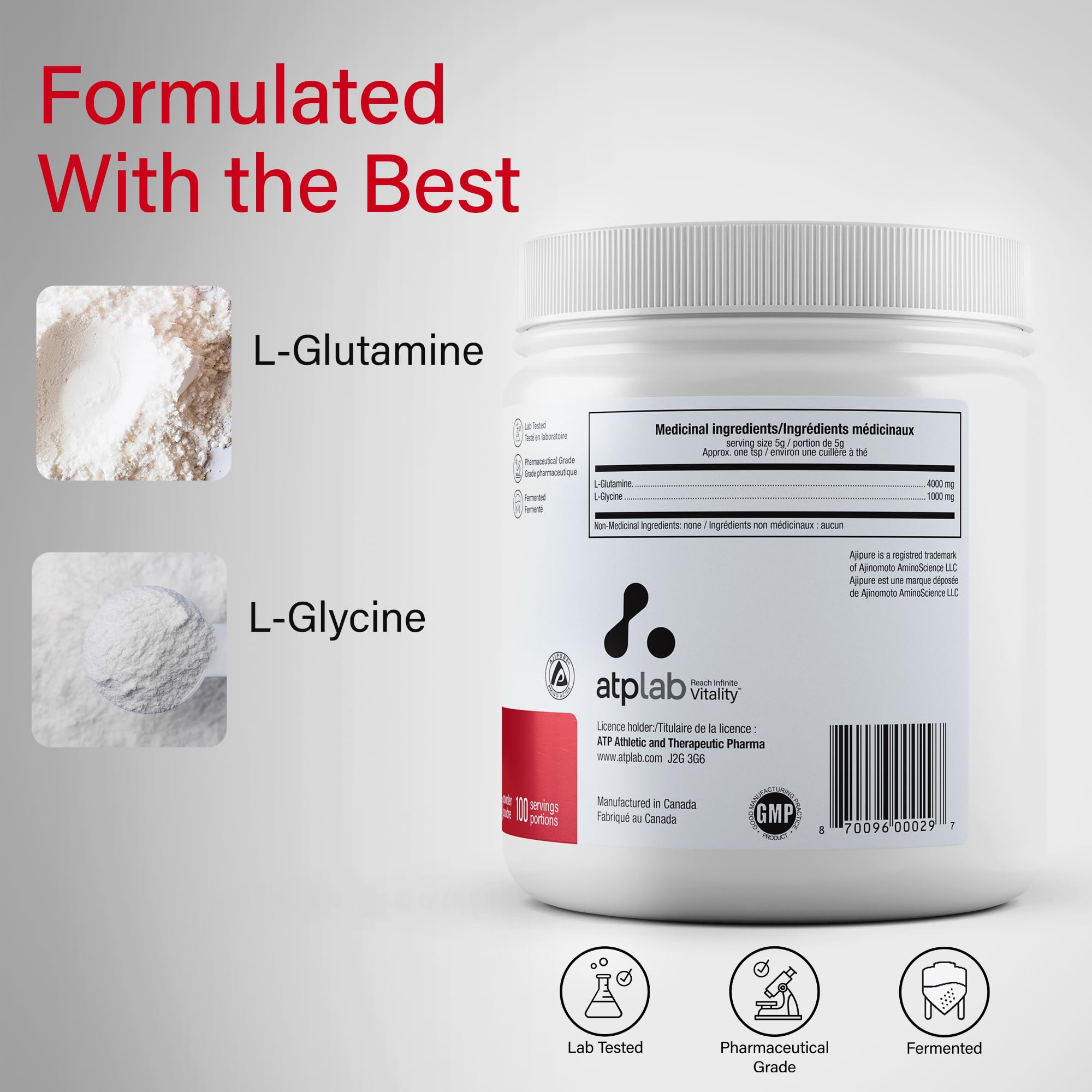 ATP LAB Glycine en poudre avec L-Glutamine, 500g 100 portions - Mélange d'acides aminés purs biologiques de qualité pharmaceutique - 3g de glycine par portion