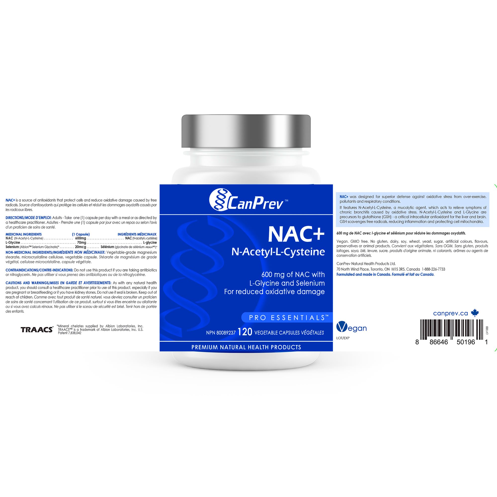 CanPrev NAC+ N-Acetyl-L-Cysteine Supplement, 120 Vegan Caps 120-Day Supply - 600mg NAC with L-Glycine & Selenium - Promote Healthy Glutathione Level, Immune Support, Liver Function & Oxidative Balance