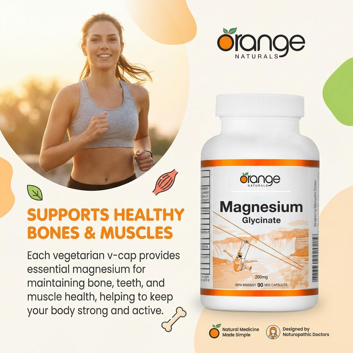 Orange Naturals Magnesium Glycinate 200mg, 90 Veg Capsules, Made in Canada