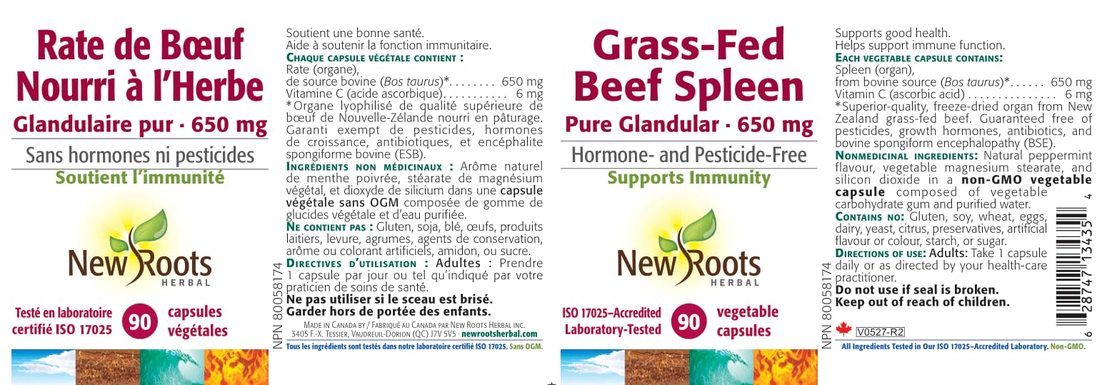 New Roots Herbal Grass-Fed Beef Spleen Pure Glandular 650mg