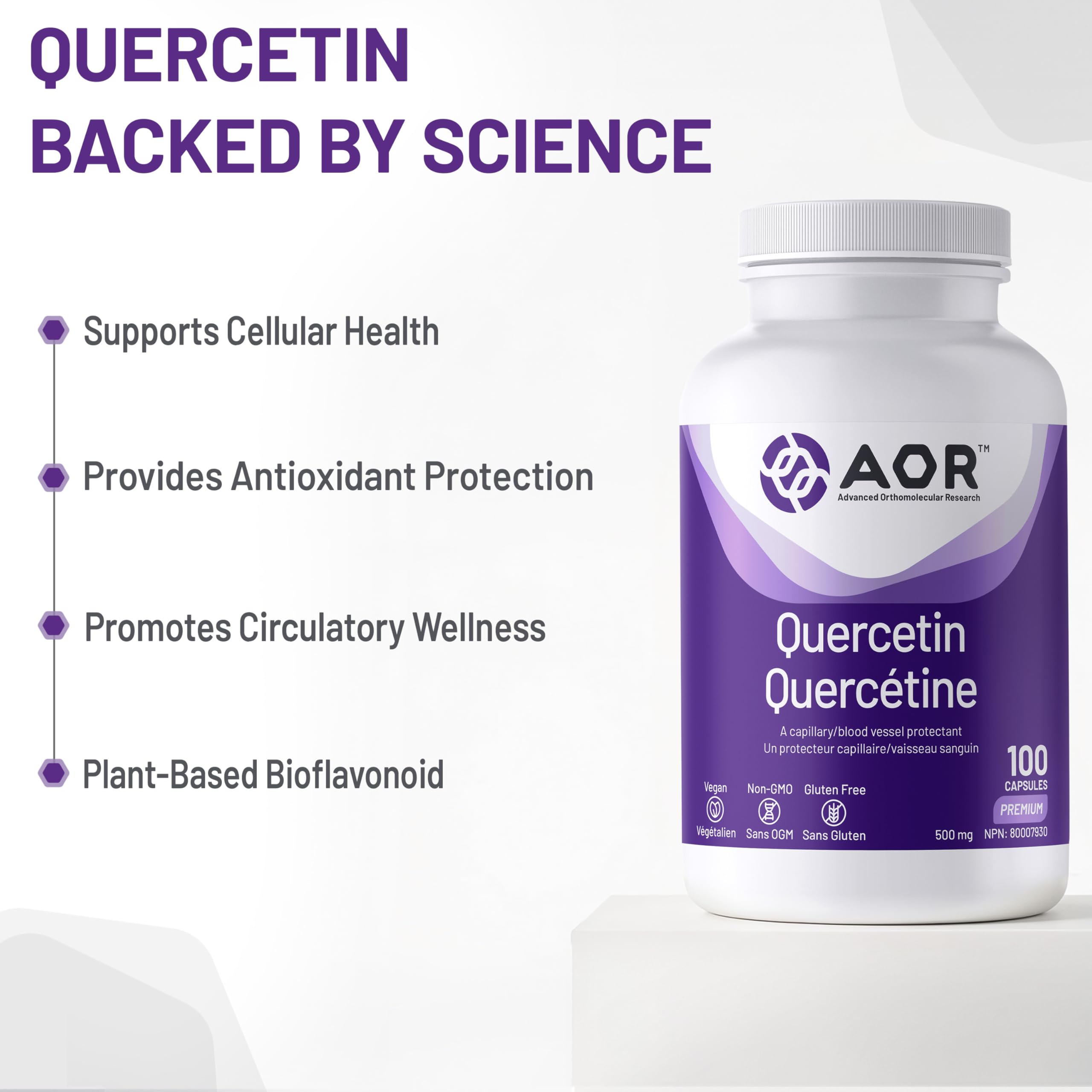AOR Quercetin 500 mg, 100 Caps 50-Day Supply - Vegan, Non-GMO & Gluten-Free - Quercetin Supplement for Seasonal Discomfort, Clear Breathing, Promote Circulation, Immune Support & Balanced Blood Sugar