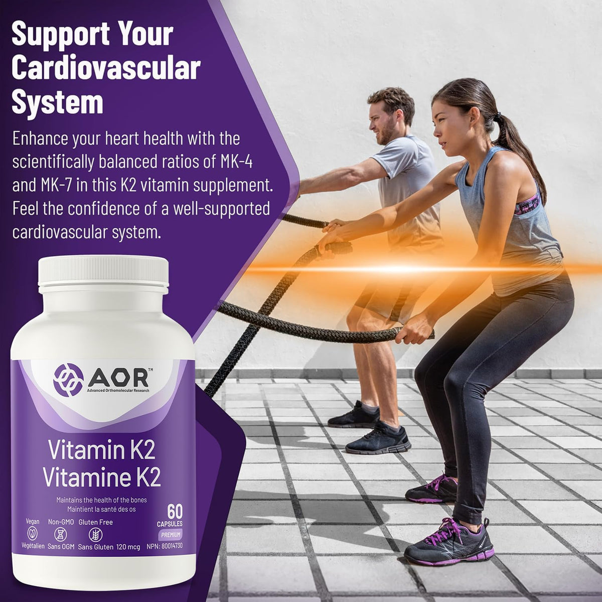 AOR Vitamin K2 MK-7 Vegan Capsules for Adults, MK-4 & MK-7, 60 Day Supply