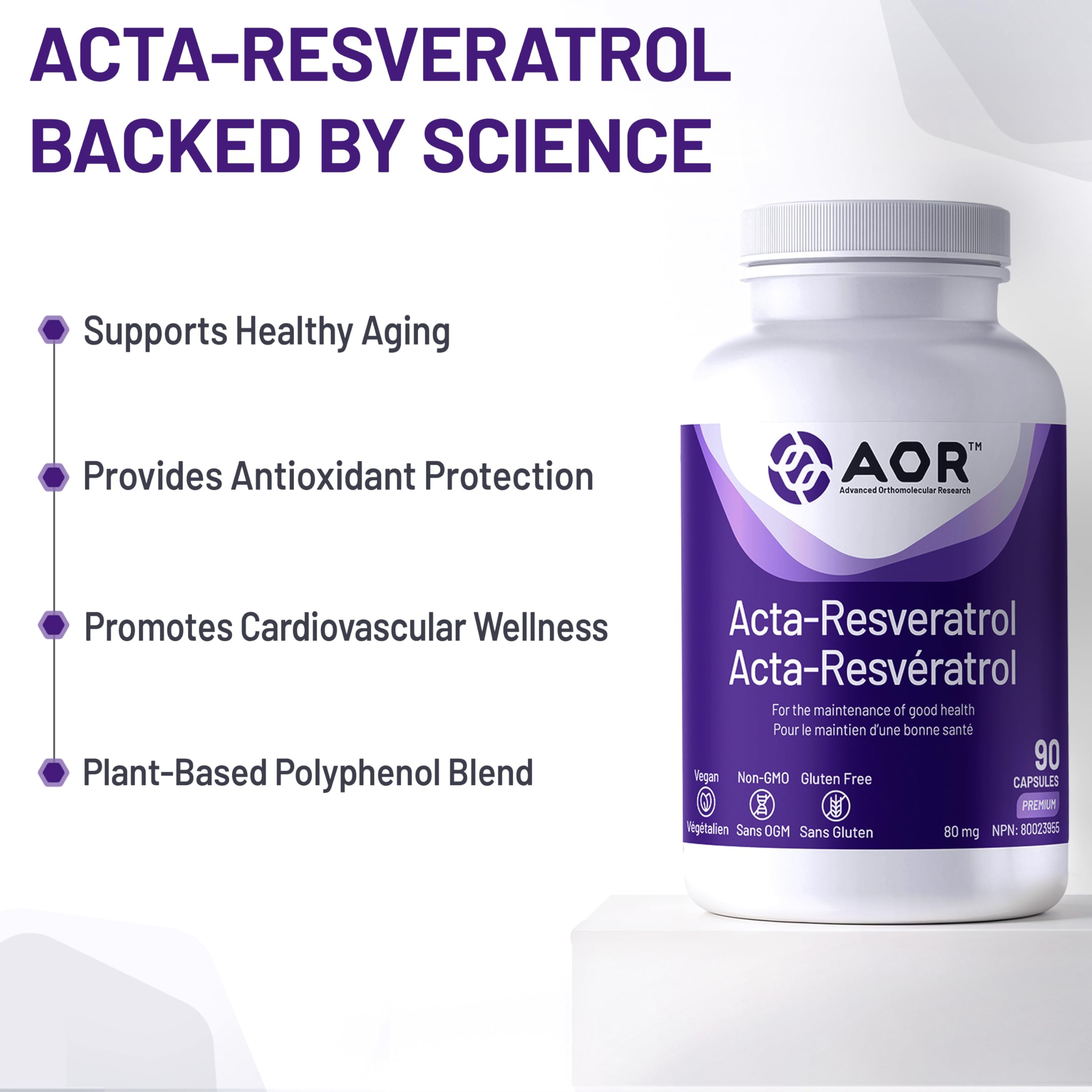 AOR Acta-Resveratrol 80mg, 90 Caps 90-Day Supply - Trans-Resveratrol Supplement with Quercetin - Vegan, Non-GMO & Gluten-Free Formula - Antioxidant Support - Promote Vitality, Natural Defense & Energy