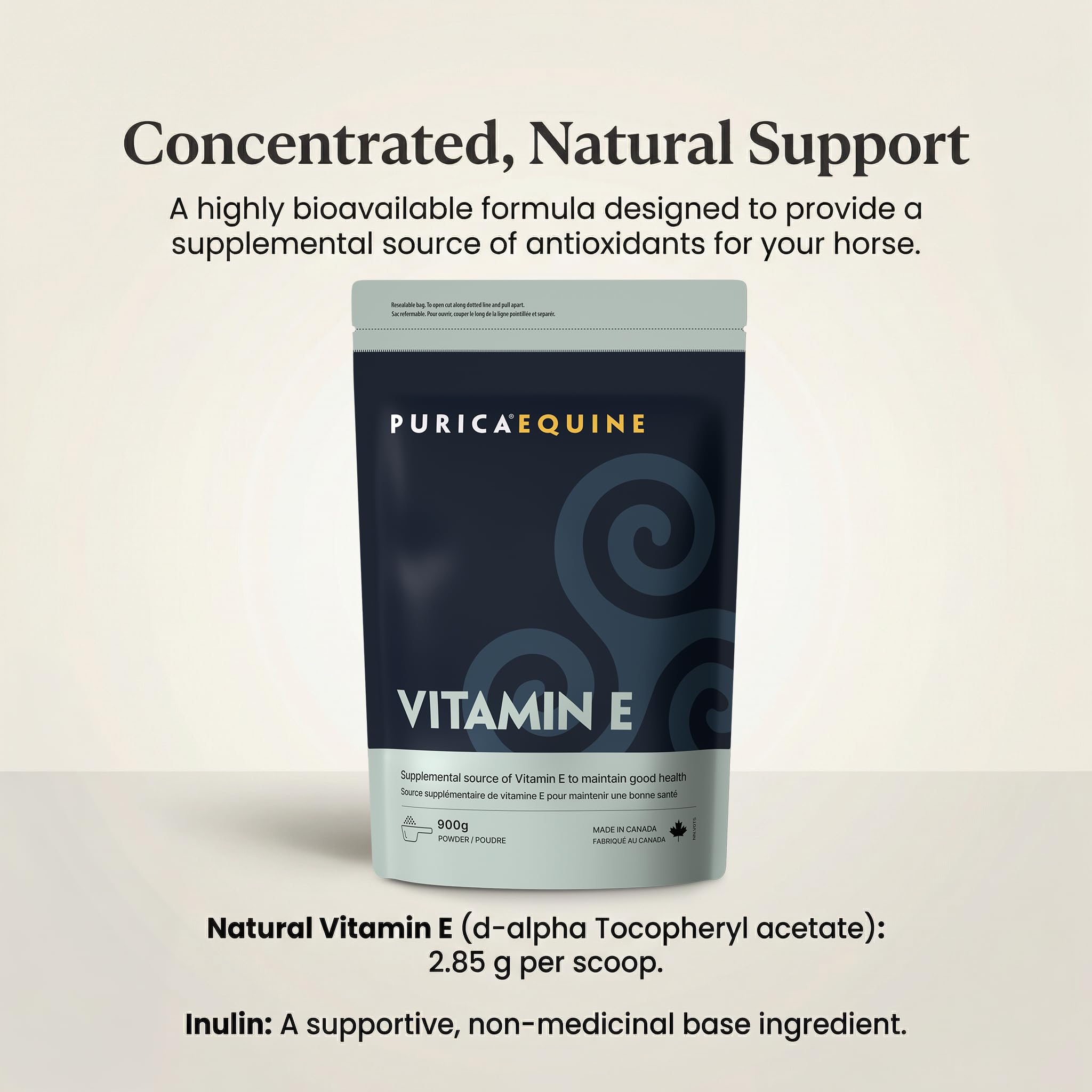 PURICA Equine Vitamin E Powder, Supports Coordination, Made in Canada, 900g