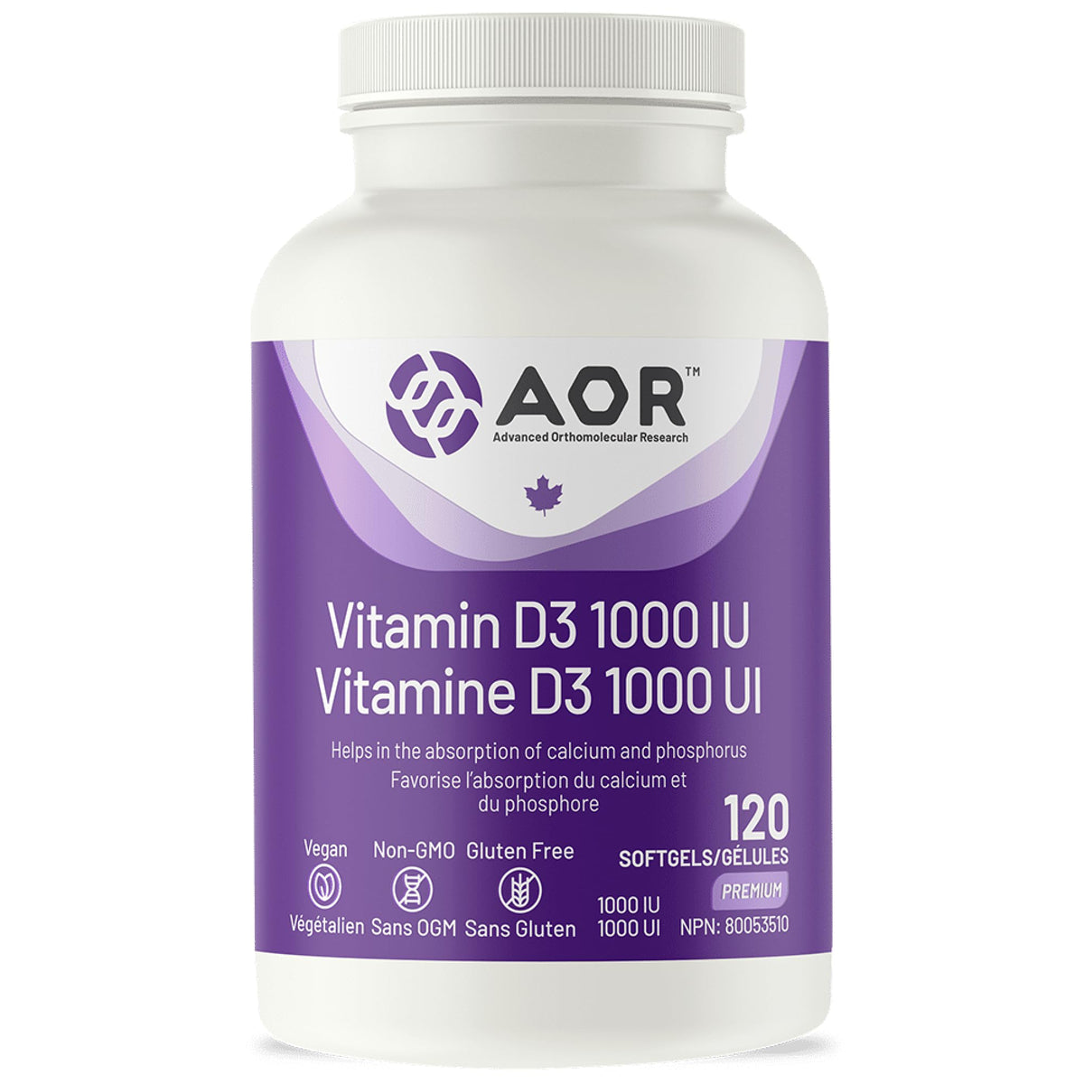 AOR Vitamin D3 1000 IU, Vegan D3 Softgels, Gluten Free, 120 Softgels