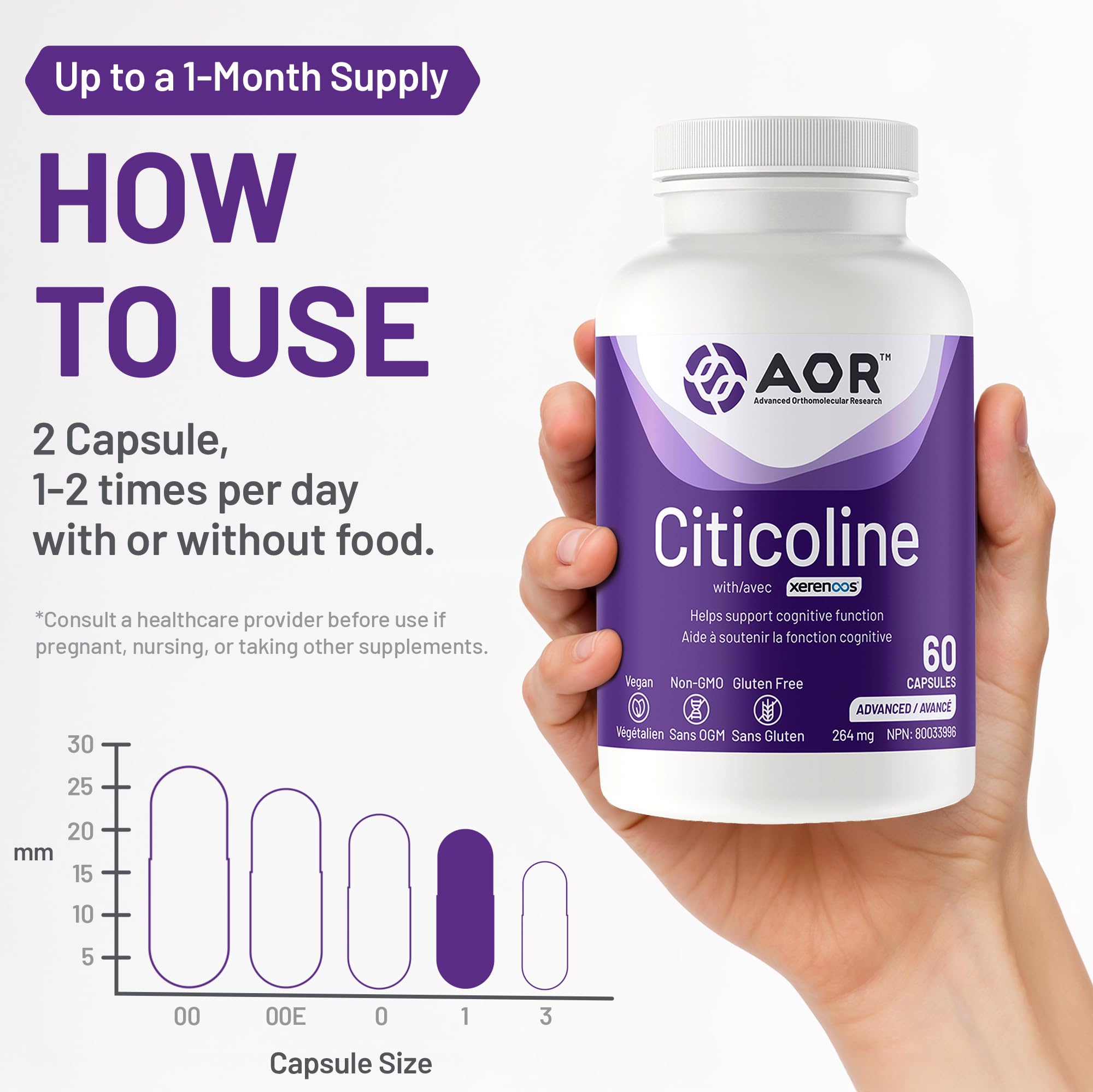 AOR Xerenoos Citicoline, complément avec Bitartrate de choline, 60 capsules, cure de 30 jours – Favorise les fonctions cognitives, la concentration et la mémoire – Soutien des phospholipides pour la santé du cerveau – Sans OGM, végétalien et sans gluten