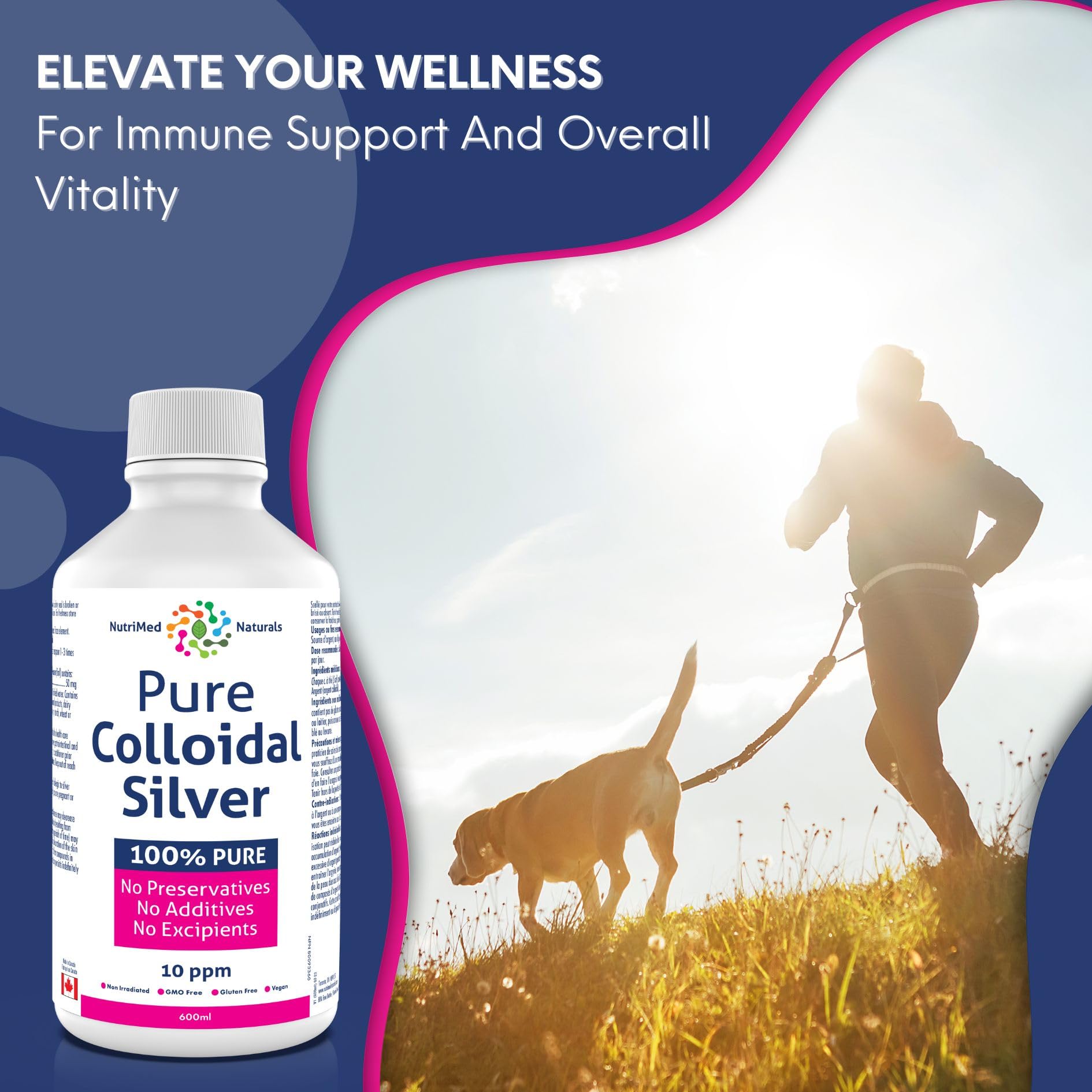 Nutrimed Naturals - Pure Colloidal Silver 10ppm, 600ml Liquid 120-Servings - Helps Support your Immune System and Overall Vitality - Vegan & Non-GMO - 3rd Party Tested - Formulated & Made in Canada