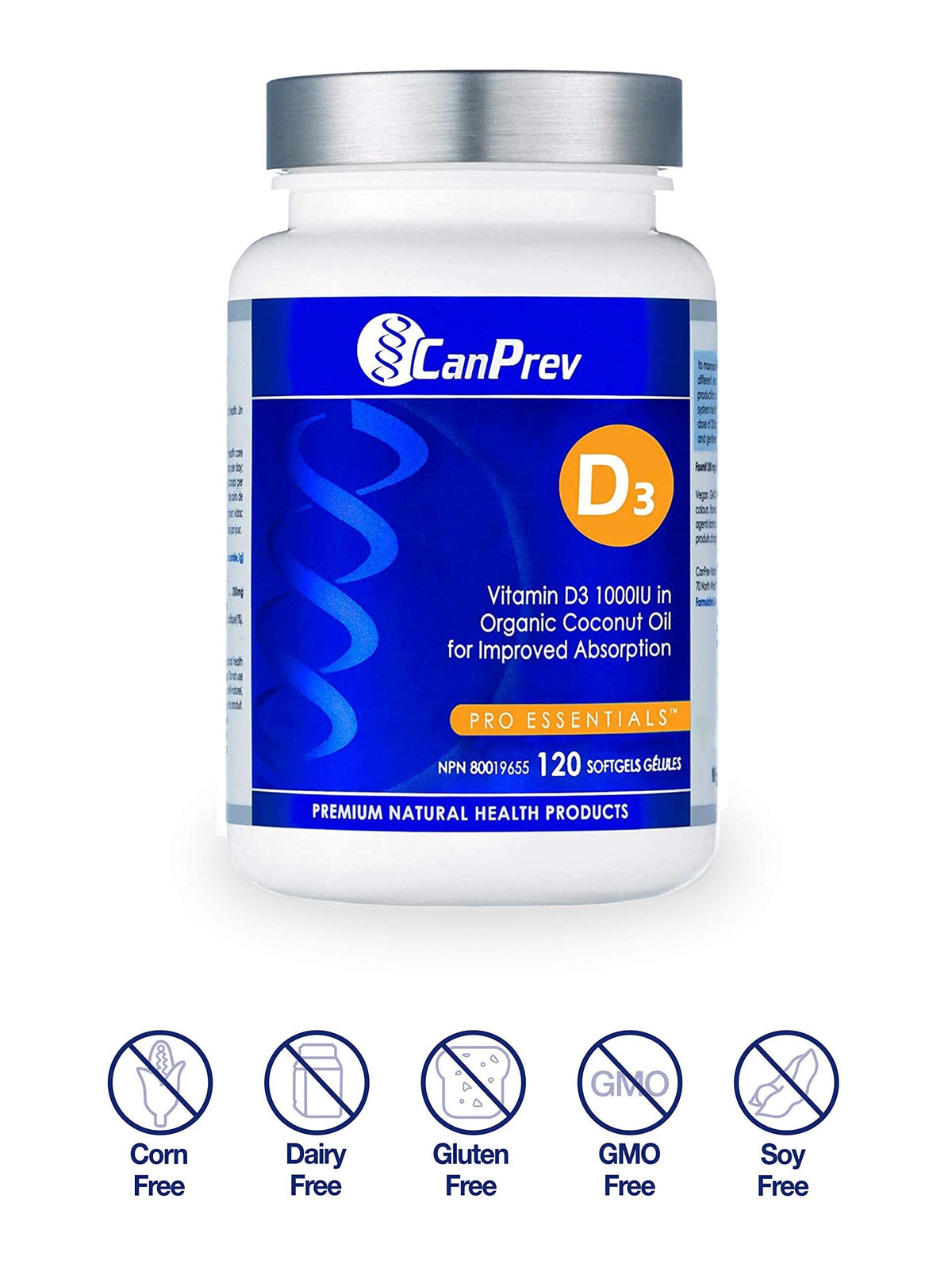 CanPrev Vitamin D3 Softgels, 1000 IU, Organic Coconut Oil, 120-Day Supply