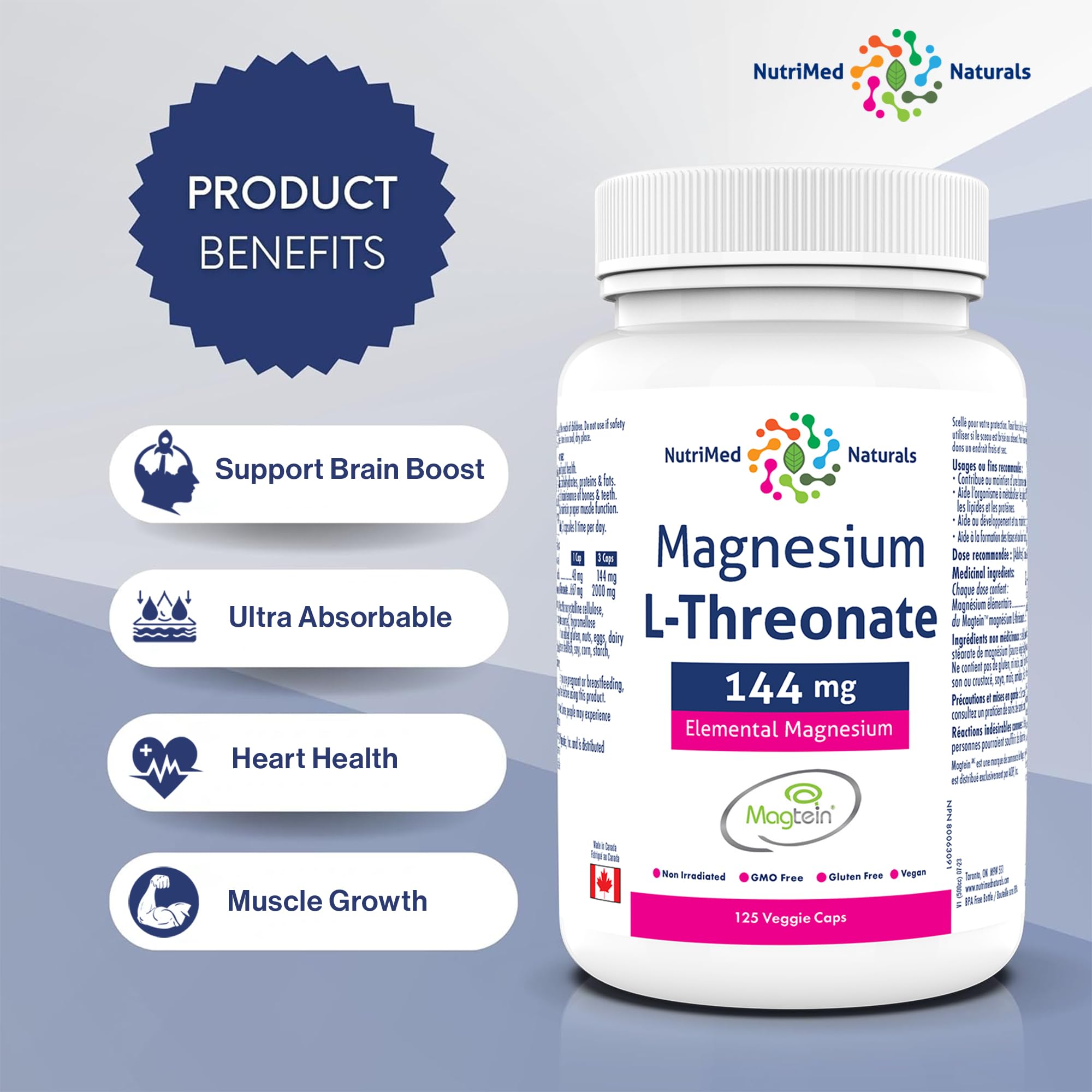 Nutrimed Naturals - Supplément de Magnésium L-Thréonate Élémentaire 144mg 125 Gélules, 48 Jours d'Approvisionnement - Concentration Accrue, Mémoire Améliorée & Santé Cérébrale Optimale - Testé par un Tiers - Formulé et Fabriqué au Canada