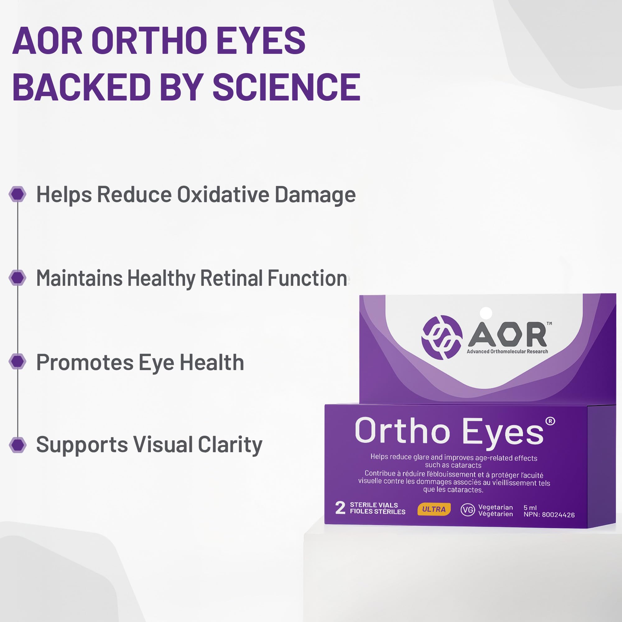 AOR Ortho Eyes 2x5ml - Gouttes oculaires NAC N-Acétyl-Carnosine pour une vision claire, supplément oculaire pour la sensibilité à la lumière - Hydrate et rafraîchit les yeux secs, favorise la clarté visuelle et le confort oculaire