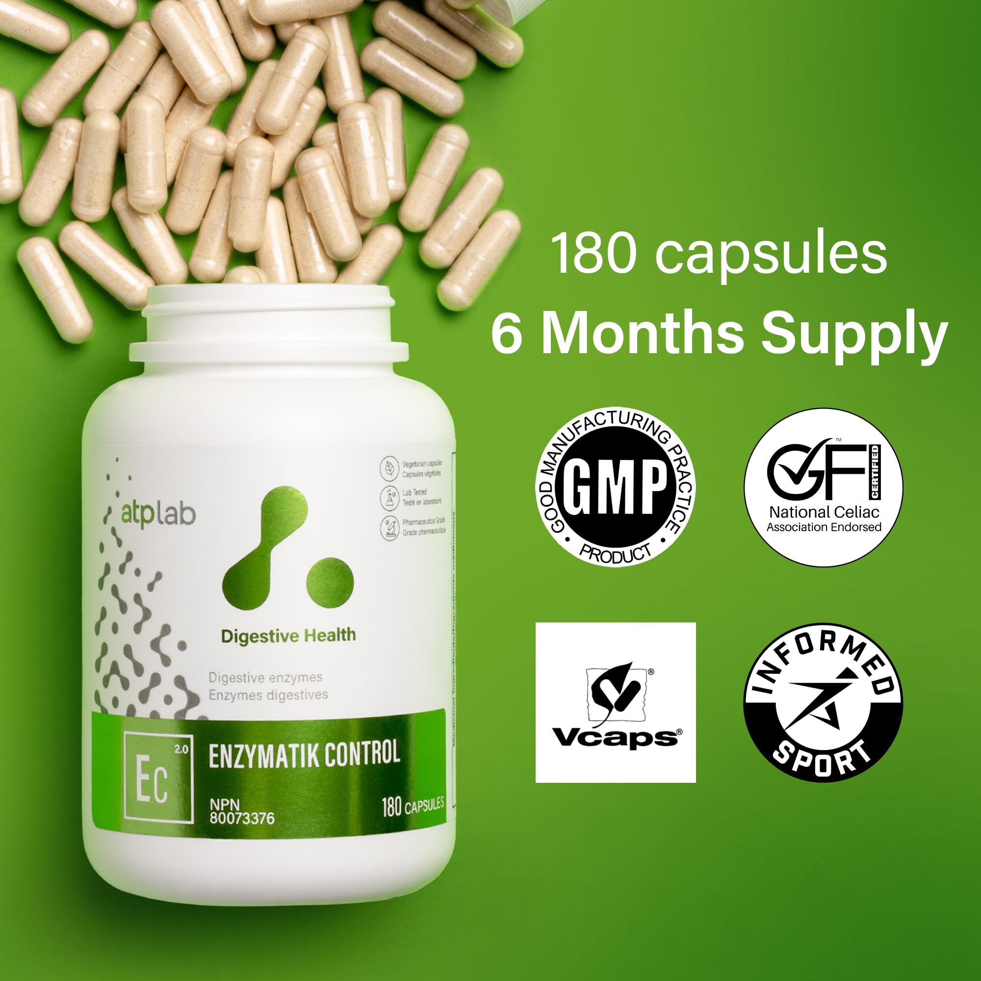 ATP LAB - Enzymatik Control 180 capsules, 180 jours d'approvisionnement - Supplément d'enzymes digestives - Santé digestive - Soulagement des gaz pour adultes - Enzymes digestives - Testé par une tierce partie