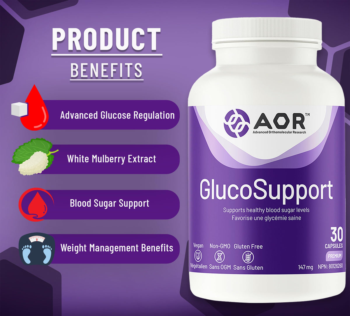 AOR GlucoSupport Capsules, Mulberry Leaf Extract, Gluten Free, 30 Capsules