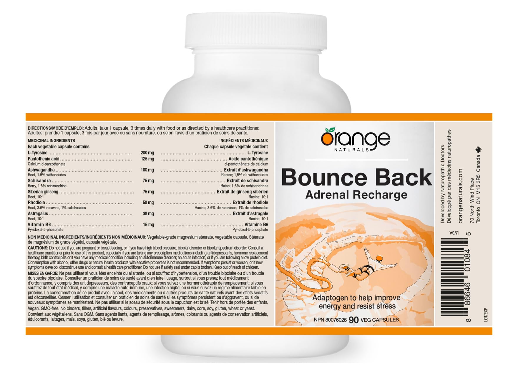 Orange Naturals - Bounce Back Adrenal Recharge, 90 Capsules 30-Day Supply - Adaptogens to Helps Improve Energy, Physical & Mental Performance, Promote Relaxation and Glandular Repair - Vegan & Non-GMO