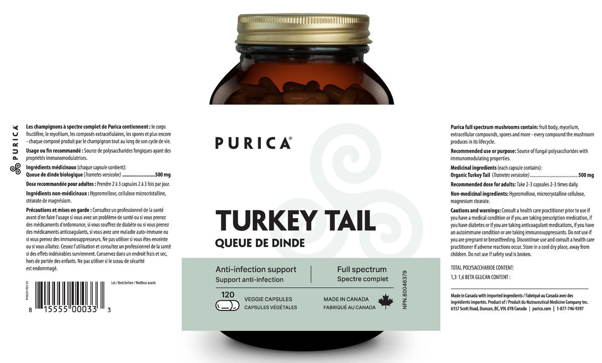 PURICA Turkey Tail Mushroom Supplement 500mg, 120 Capsules, 30 Day Supply