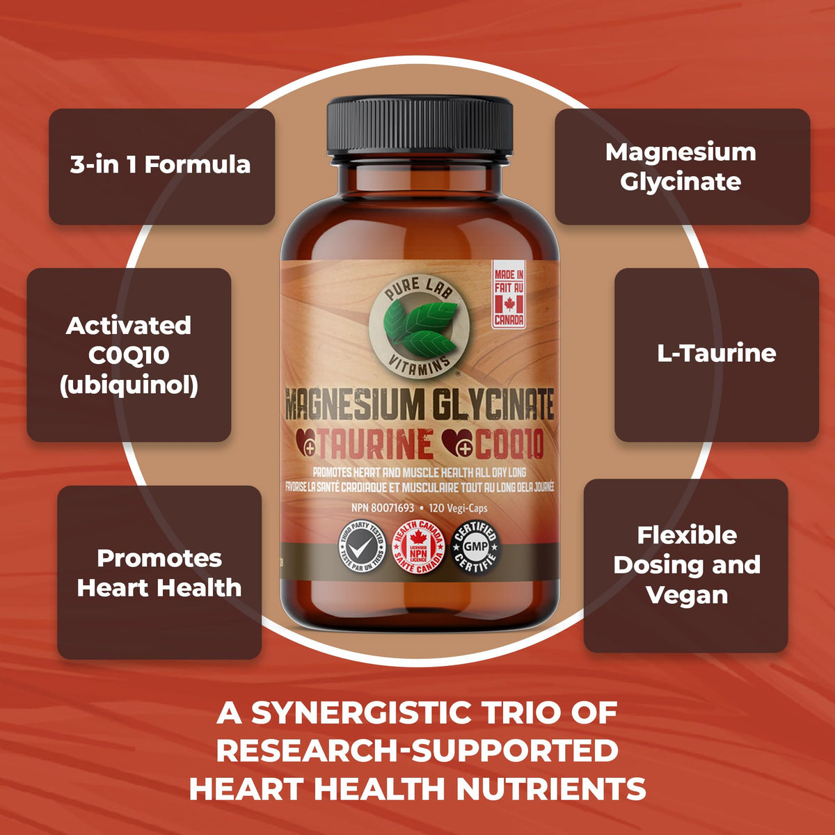 Pure Lab Vitamins Magnesium Glycinate + Taurine + CoQ10-120 Vegi-Caps