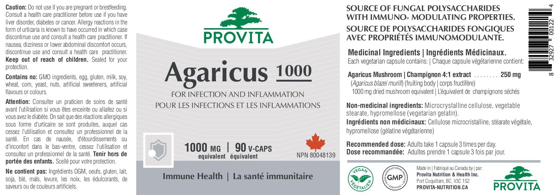 Agaricus 1000 par Provita Nutrition (Fabriqué au Canada) 90 capsules
