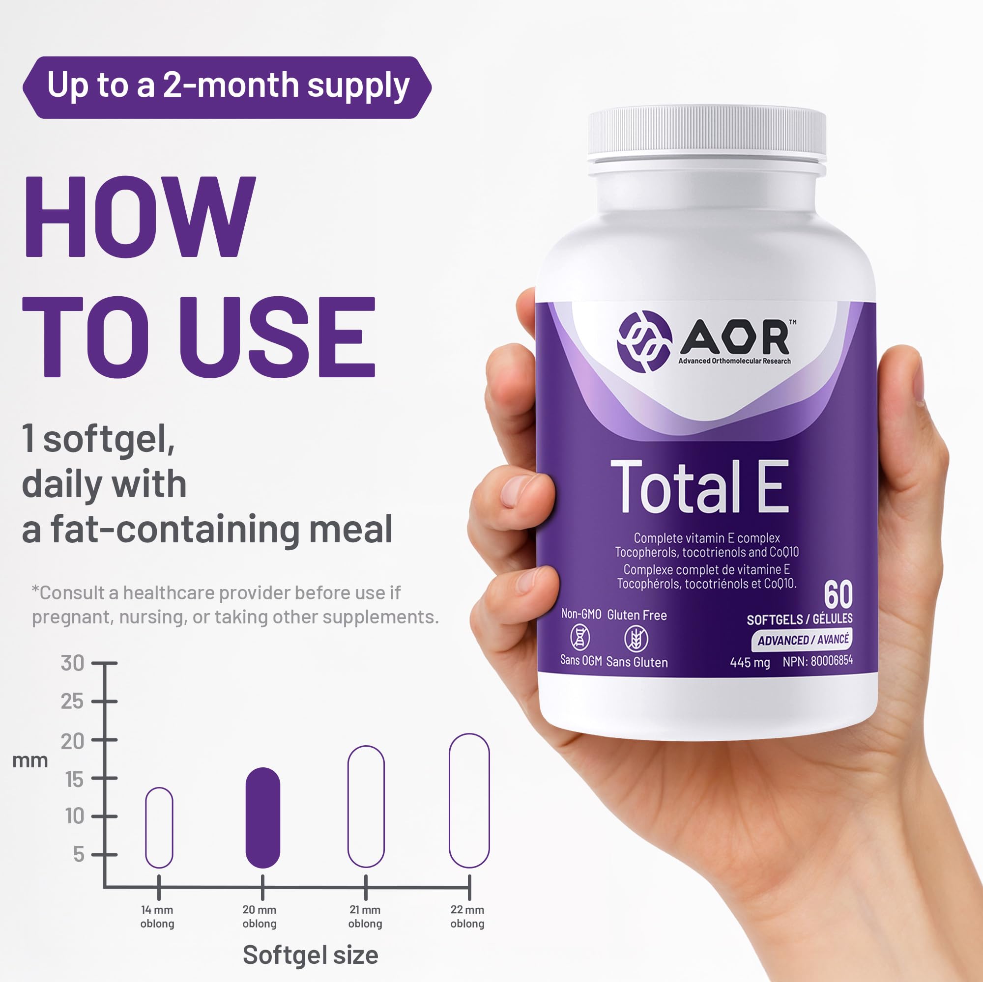 AOR Total E 445 mg, 60 gélules – Cure de 60 jours – Supplément de vitamine E avec tocotriénols et coenzyme Q10 ubiquinol CoQ10 – Soutien cardiovasculaire et antioxydant – Vitamine E8 pour la peau, le visage et les cheveux