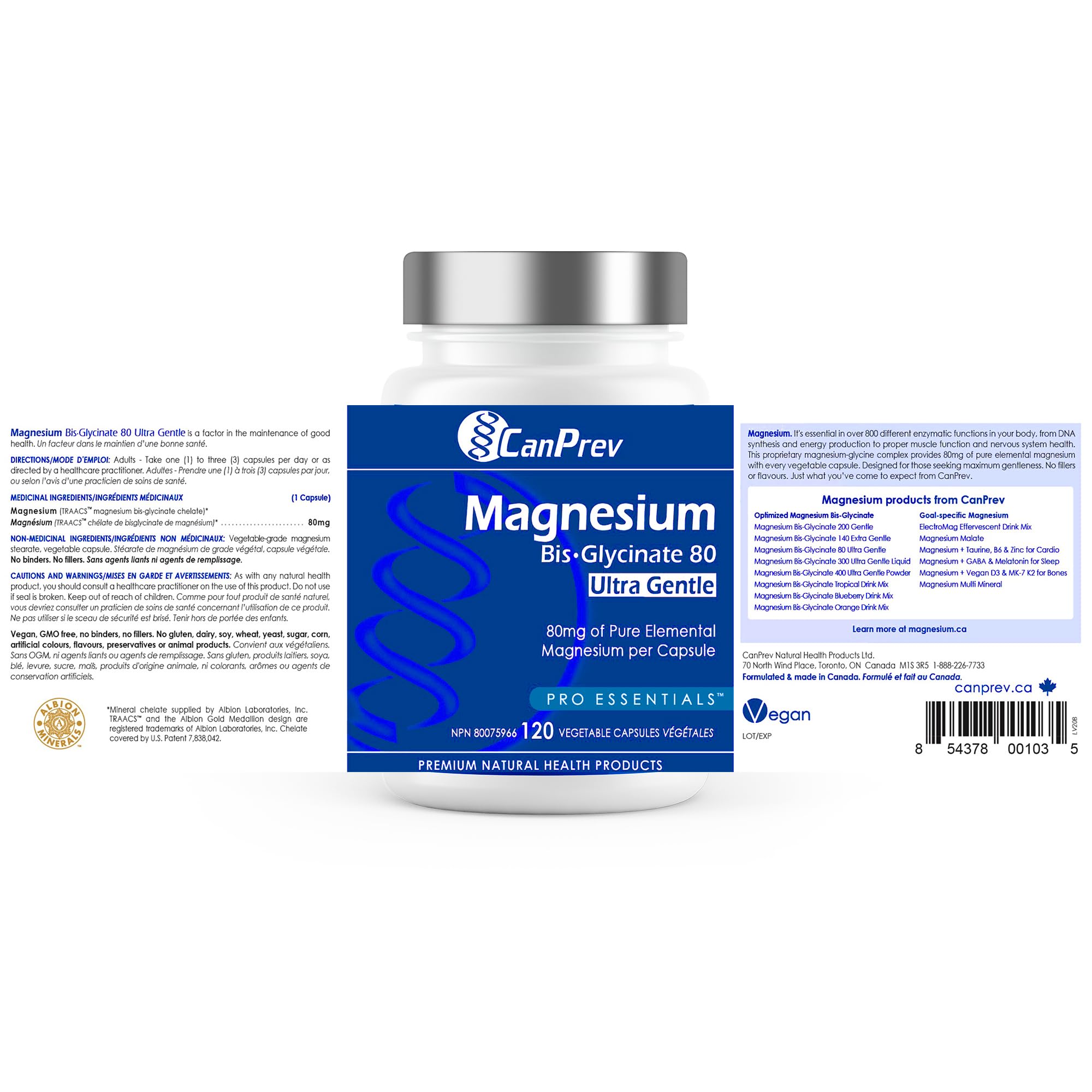 CanPrev Bis-Glycinate de Magnésium 80 Ultra Doux l Soutient la production d'énergie l Os, dents et muscles solides l Favorise la relaxation