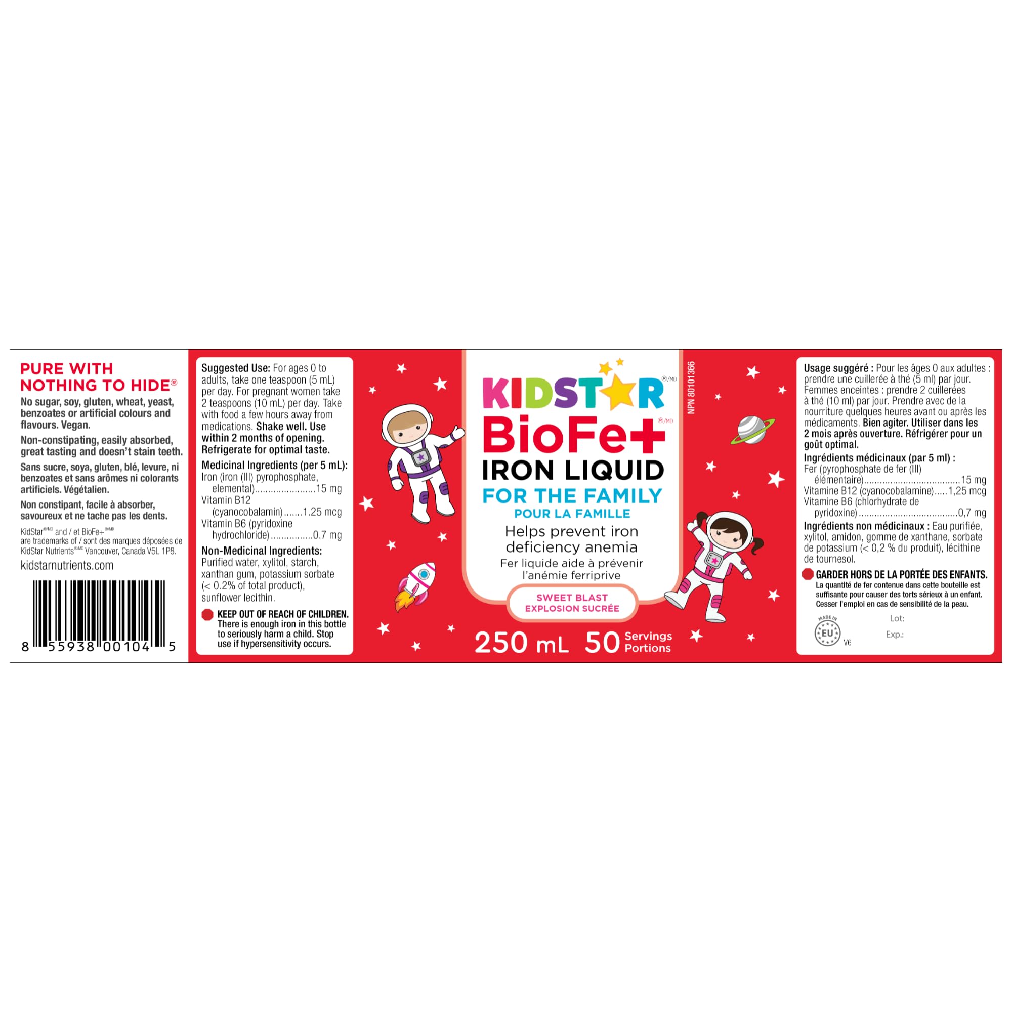 KidStar Nutrients - BioFe+ Iron Liquid for the Family, 250ml 50-Servings - Helps to Prevent Iron Deficiency Anemia - No Stomach Upset and Constipation - Vegan, Non-GMO, Gluten-Free and Sugar-Free