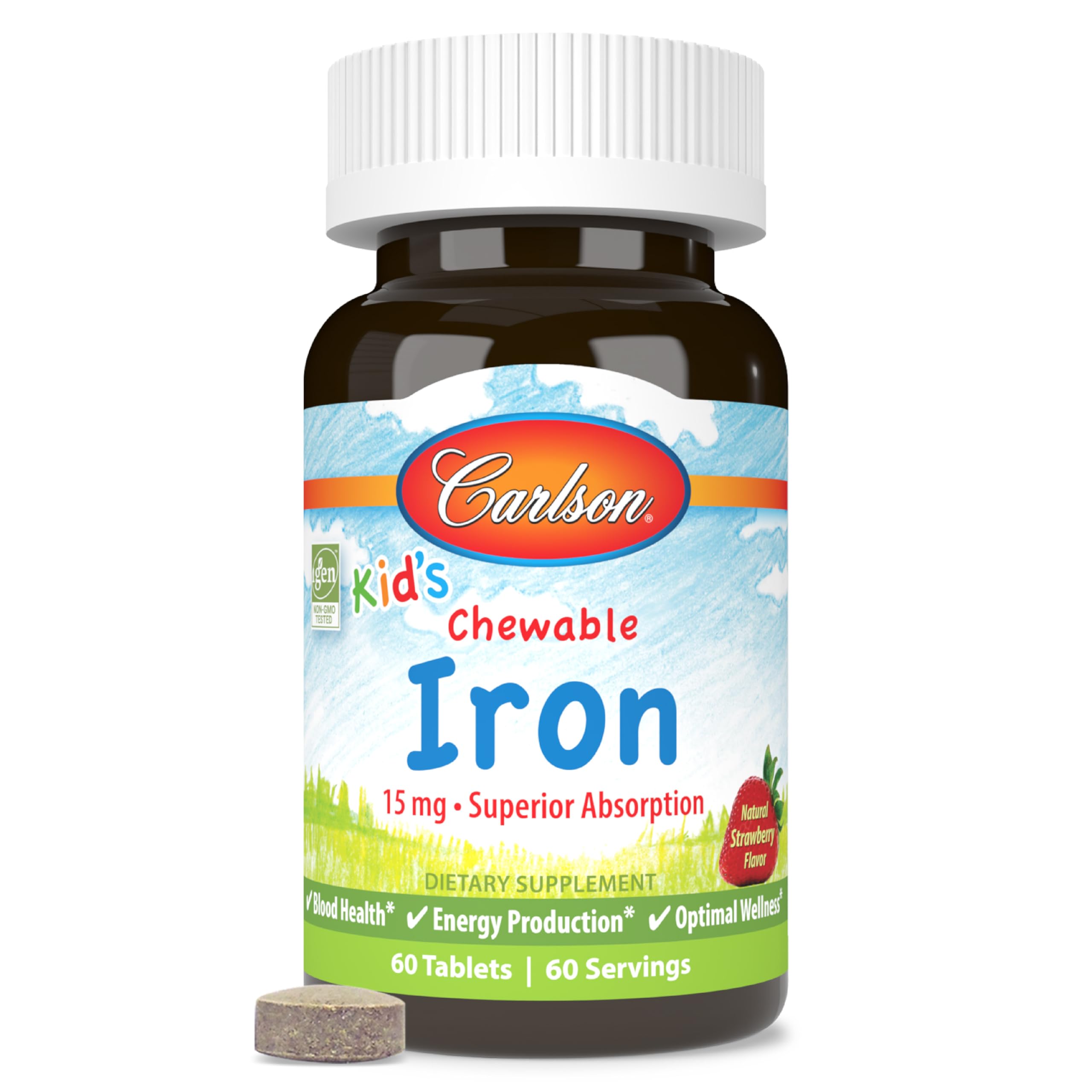Carlson - Fer à croquer pour enfants, 15 mg, absorption supérieure, production d'énergie, bien-être optimal, sans OGM, fraise, 60 comprimés à croquer