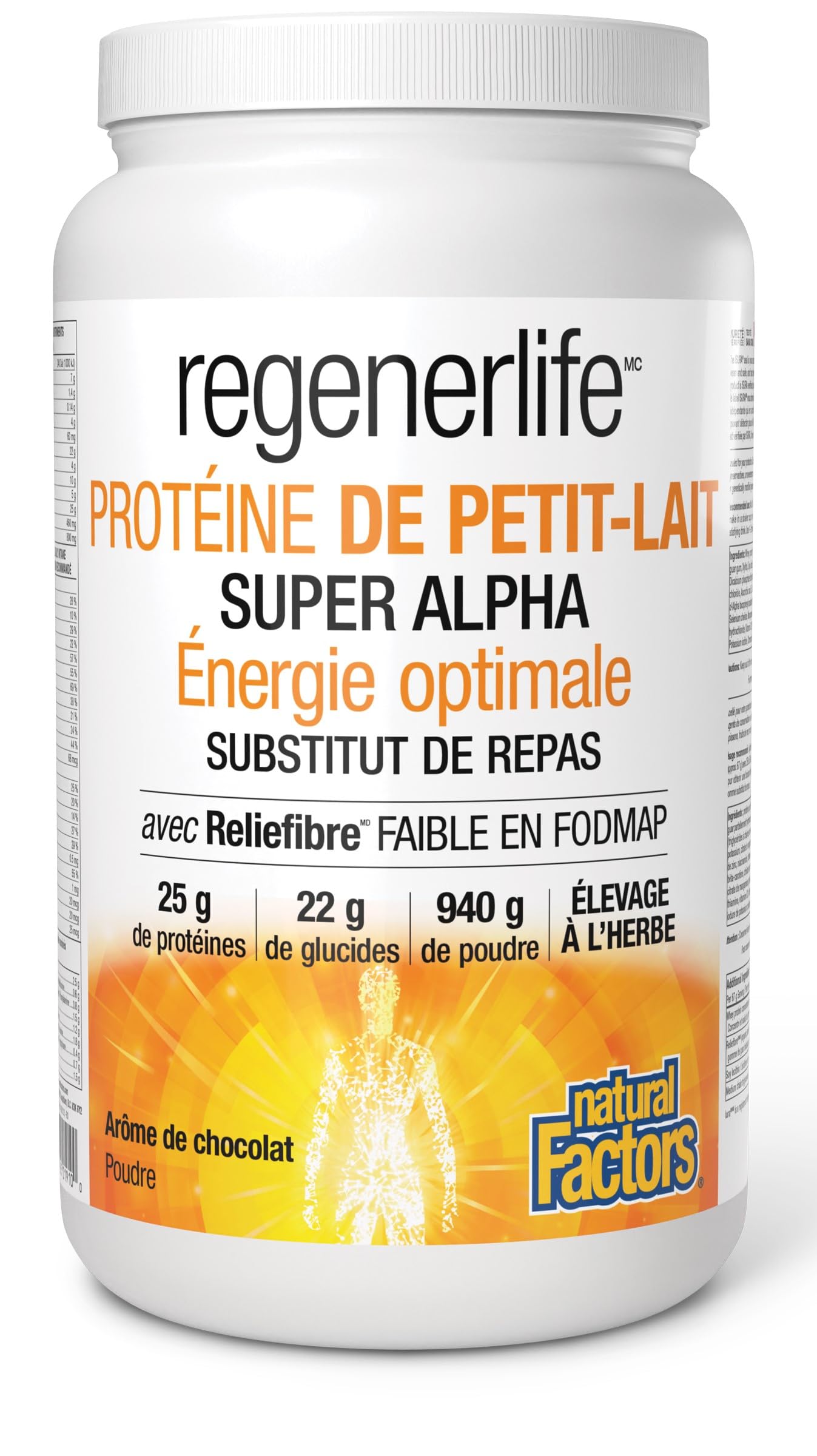 Natural Factors Regenerlife High Alpha Whey Protein Meal Replacement, Chocolate Flavour, 940 g Powder, 25 g of Protein + 5g of Low-FODMAP Reliefibre, Grass-Fed Whey, Proudly Canadian