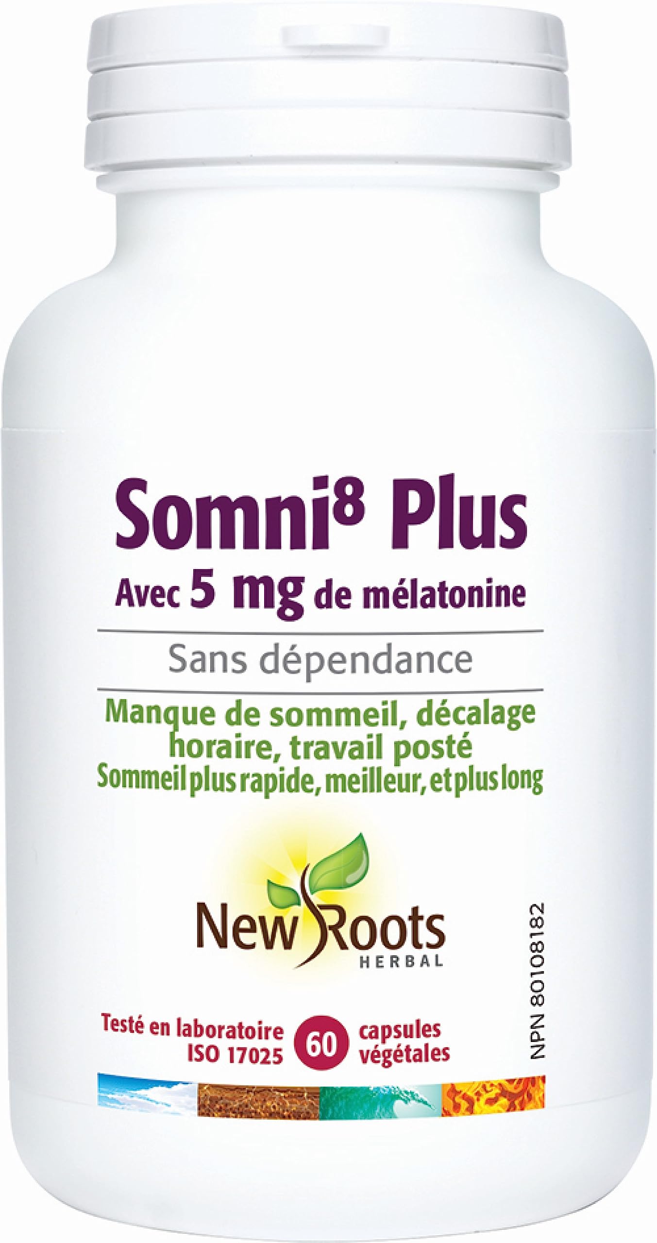 New Roots Herbal Sleep™ Plus avec 5 mg de mélatonine, 60 capsules végétales, approvisionnement de 60 jours, sans OGM, sans gluten, formule à action rapide avec passiflore, favorise des nuits reposantes et la relaxation, aide au sommeil pour adultes