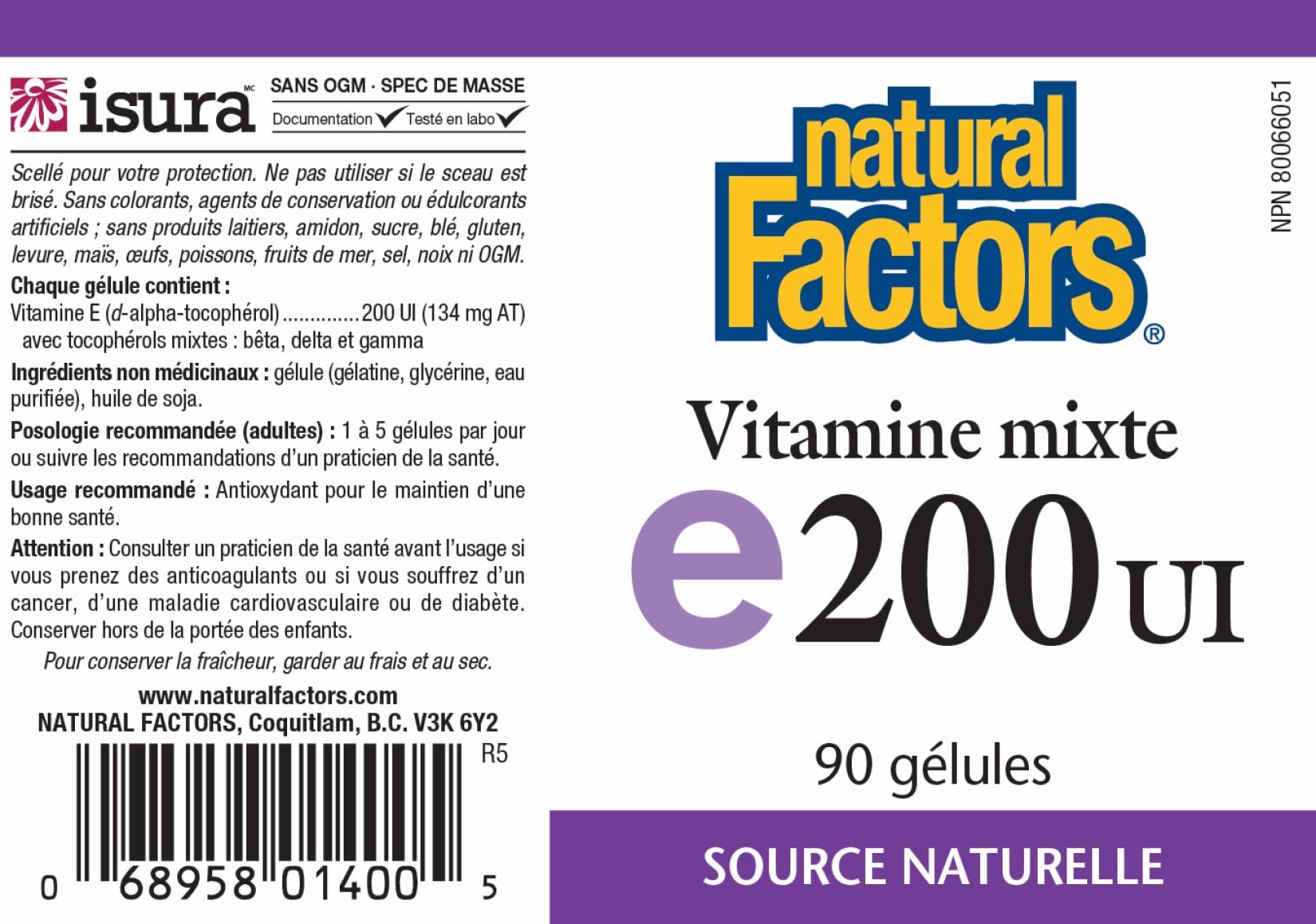 Natural Factors Mixed Vitamin E 200 IU 90 Softgels