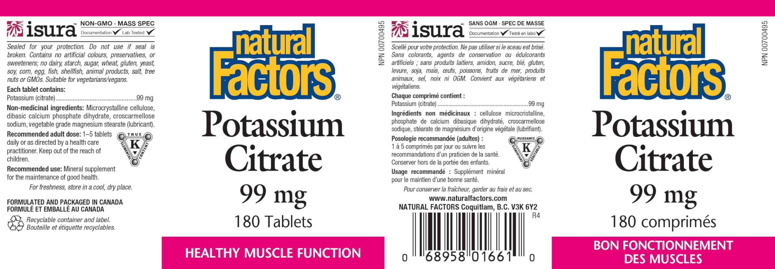 Natural Factors Potassium Citrate 99 mg 180 Tablets, Healthy Muscle Function