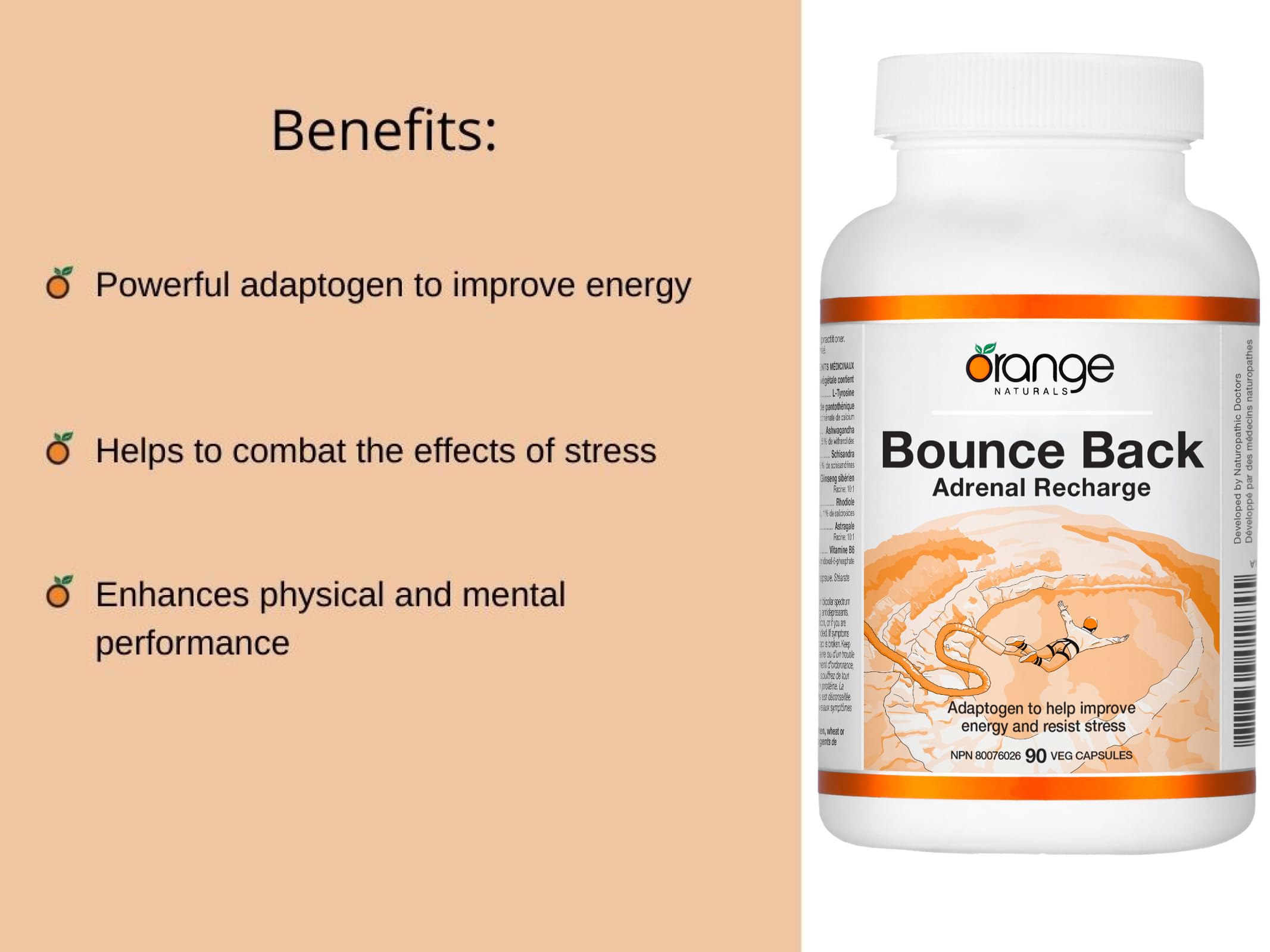 Orange Naturals - Bounce Back Adrenal Recharge, 90 Capsules 30-Day Supply - Adaptogens to Helps Improve Energy, Physical & Mental Performance, Promote Relaxation and Glandular Repair - Vegan & Non-GMO