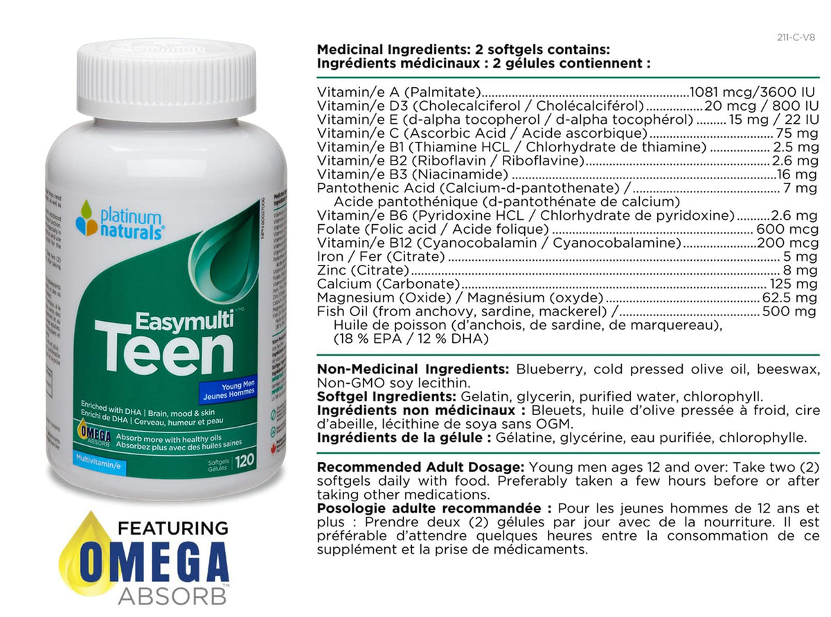 Platinum Naturals - Easymulti Teen for Young Men | DHA | Brain & Skin
