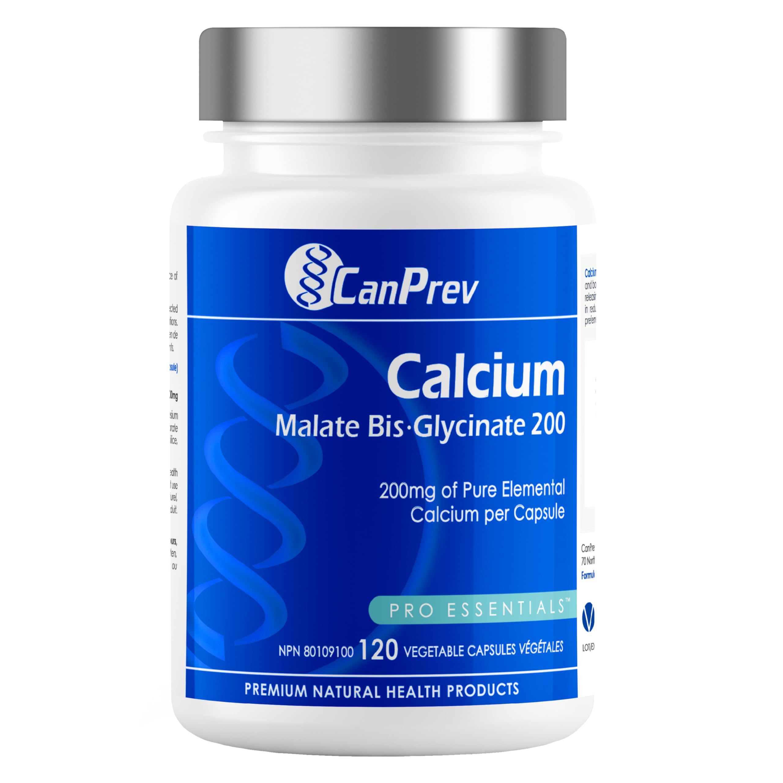 CanPrev Calcium Malate Bisglycinate Supplément, 120 Capsules, approvisionnement de 120 jours - 200 mg élémentaire thérapeutique - Idéal pour des os et des dents sains, les crampes musculaires et pour favoriser la relaxation - Végane et sans OGM