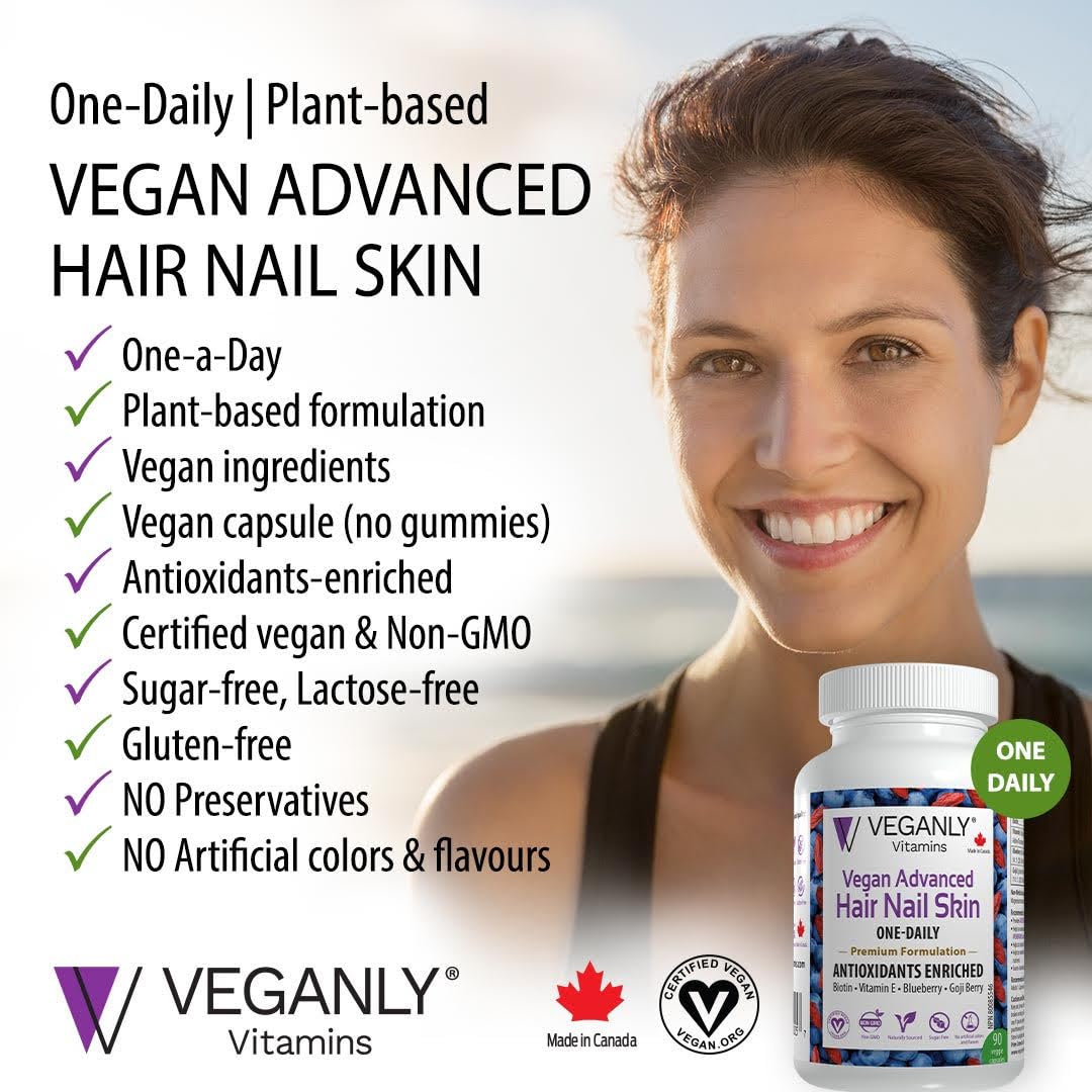 VEGANLY Vegan Advanced Hair Nail Skin One-Daily. Canadian. 60 Veggie Capsules - Enriched Antioxidant Supplement - Improve Hair, Improve Skin Health and Nail Health - Plant Based with Biotin & Natural Superfood (NPN80085546)