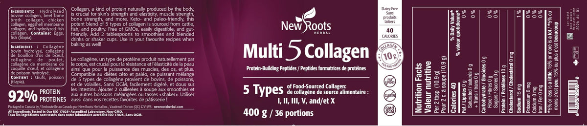 New Roots Multi 5 Collagen Powder, Gluten Free, 400g, 36 Servings