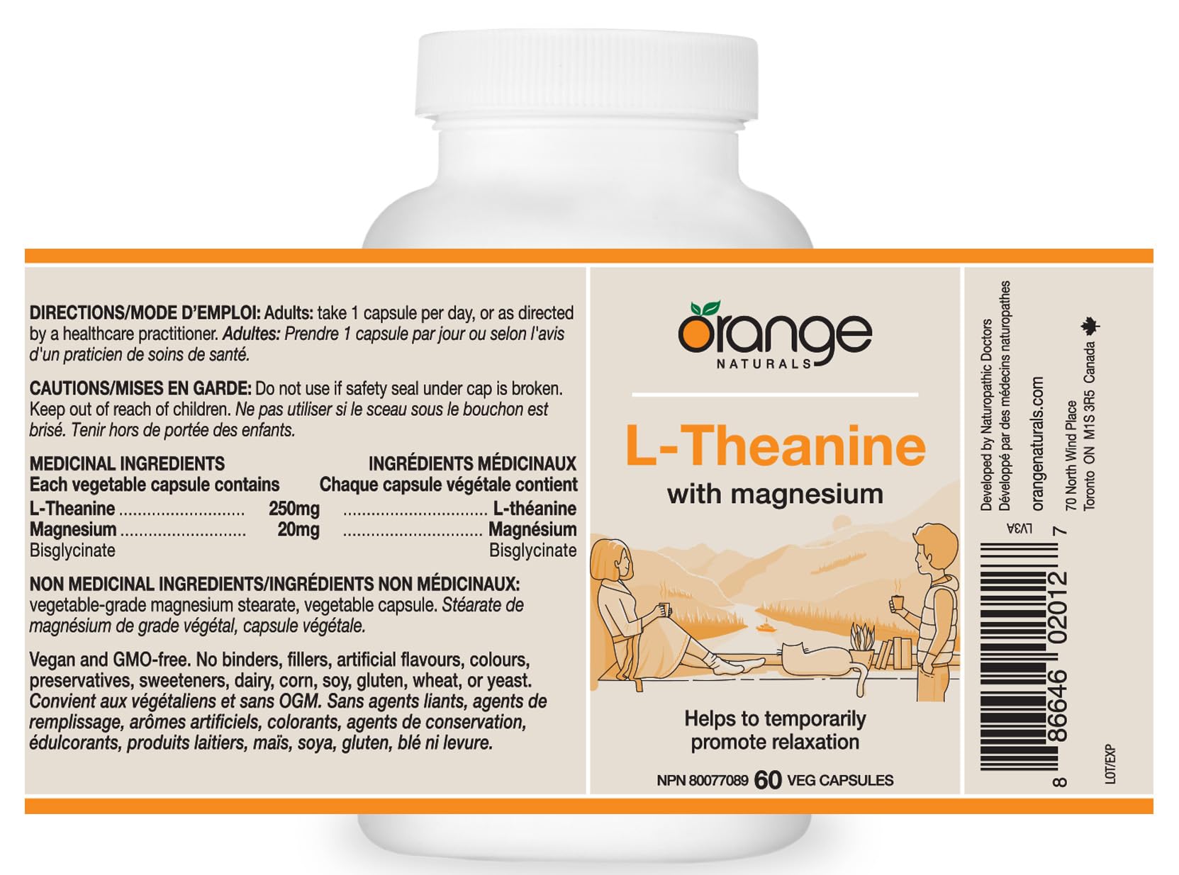 Orange Naturals - L-Théanine et Bisglycinate de Magnésium 250 mg, 60 gélules (approvisionnement de 60 jours) - Soutien amélioré pour le sommeil et la relaxation sans somnolence, favorise le calme mental - Végétalien et sans OGM