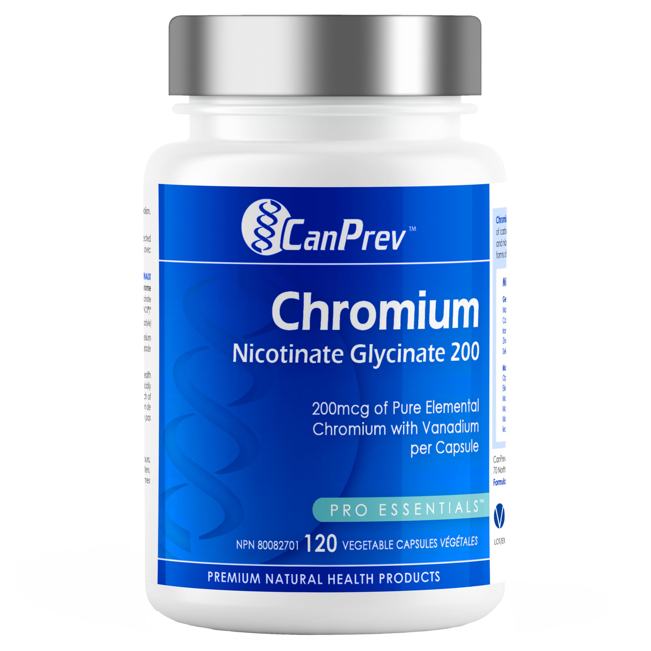CanPrev Chrome Nicotinate Glycinate 200, 120 V-Caps, pour 60 jours - Chrome avec mélange de Glycine et Niacine, Soutient le métabolisme équilibré du glucose, Aide à réduire les envies de sucre - Végétalien et sans OGM
