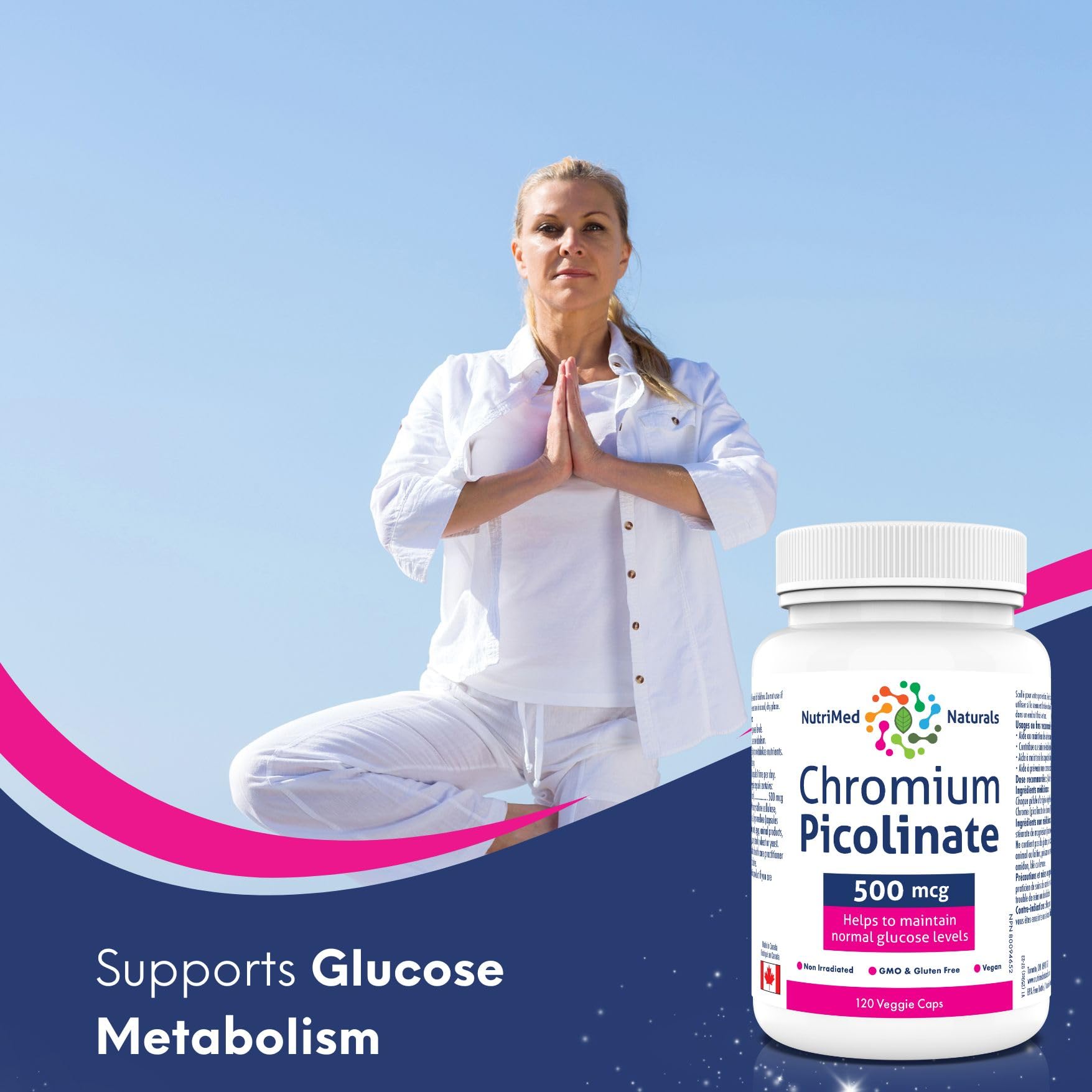 Nutrimed Naturals - Picolinate de chrome 500mcg, 120 Gélules pour 120 Jours - Soutien de la Glycémie et du Sucre Sanguin - Soutien de la Masse Musculaire et du Métabolisme - Testé par un Tiers - Formulé et Fabriqué au Canada