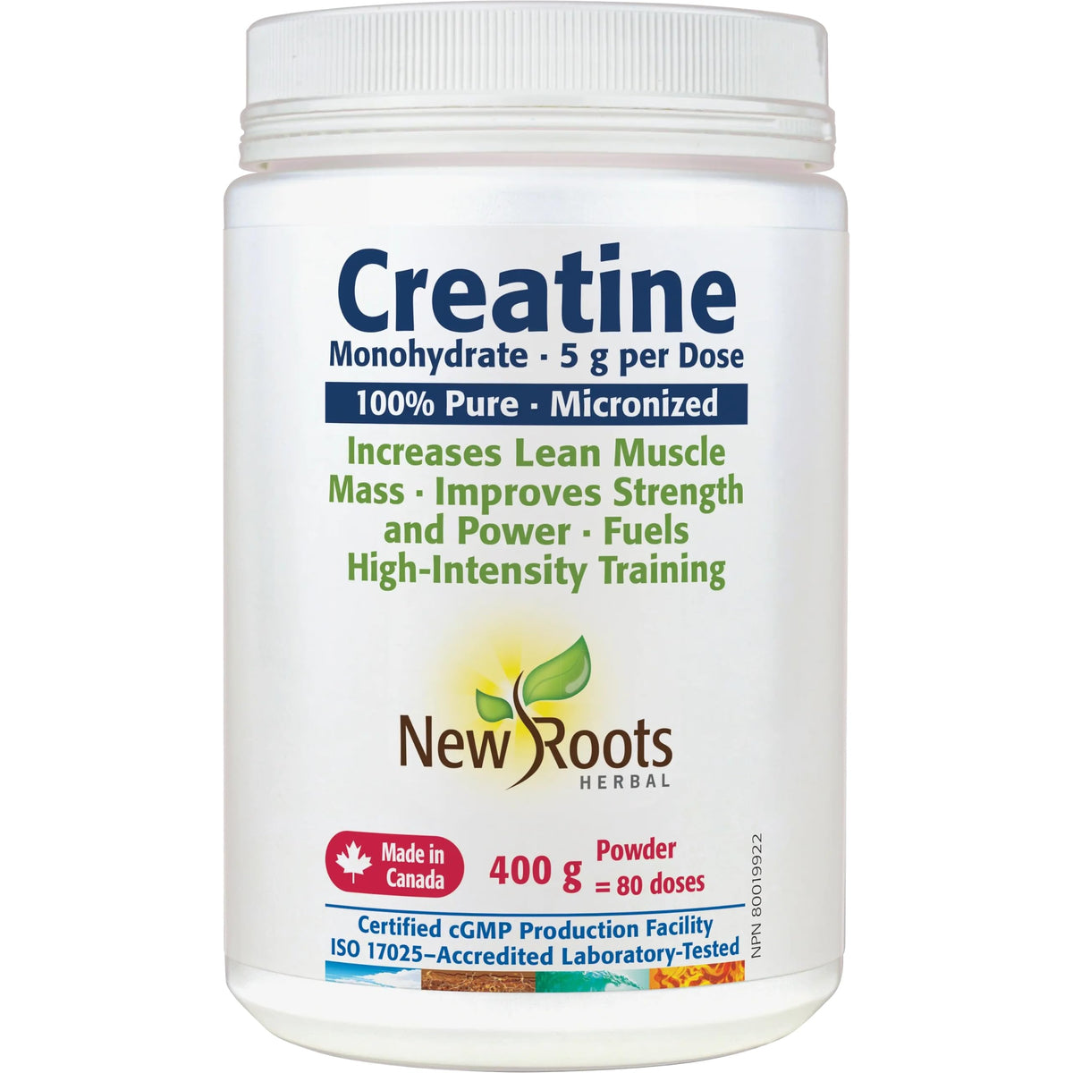 New Roots Herbal Creatine Powder 400 g — 100% Micronized Creatine Monohydrate, 5 g per Scoop, 80 Servings, Unflavoured Single Ingredient, Non-GMO and Gluten Free