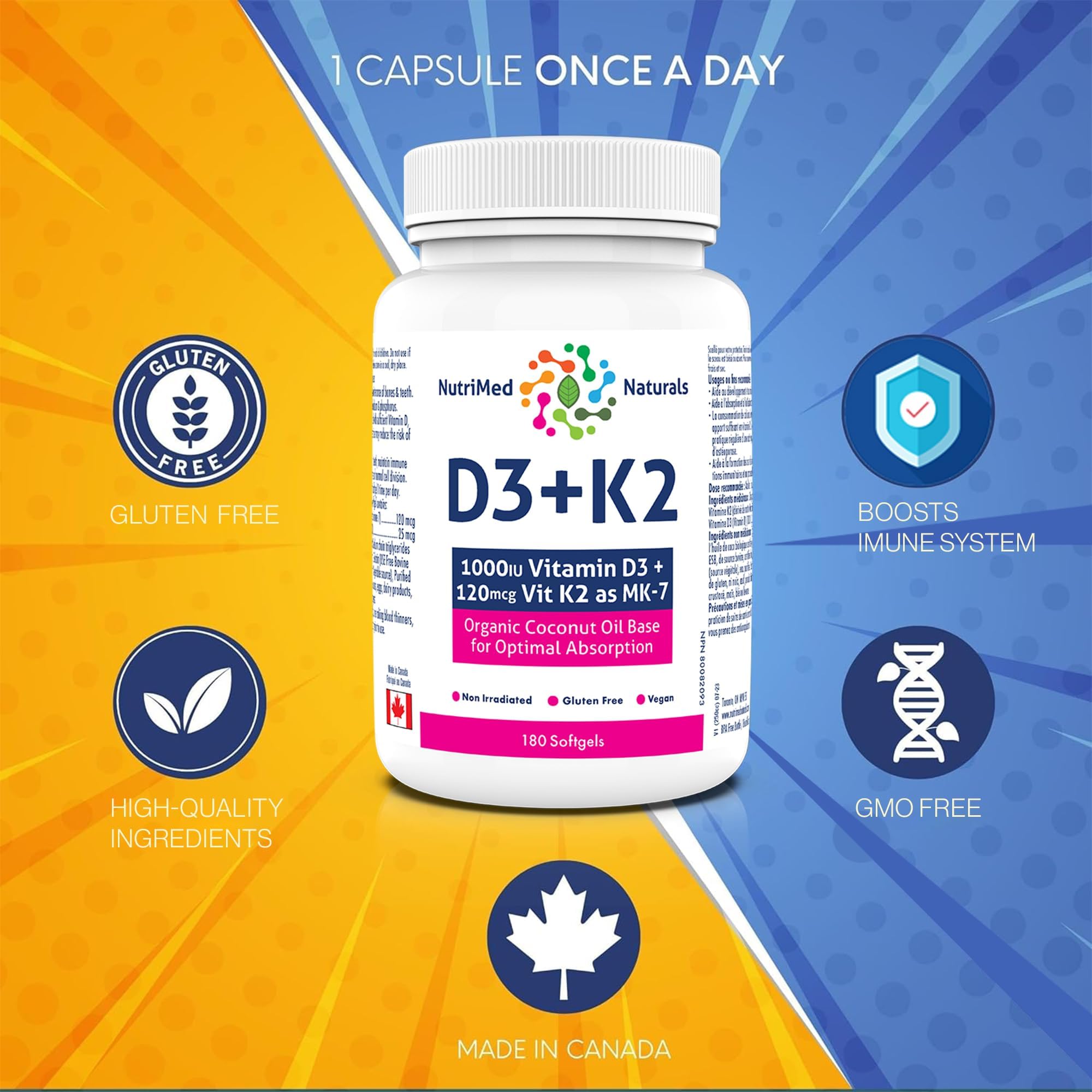 Nutrimed Naturals - D3 + K2, 180 Softgels 180-Day Supply - Optimal Absorption with Organic Coconut Oil Base, MK7 K2 Vitamin for Bone and Heart Health - 3rd Party Tested - Formulated & Made in Canada