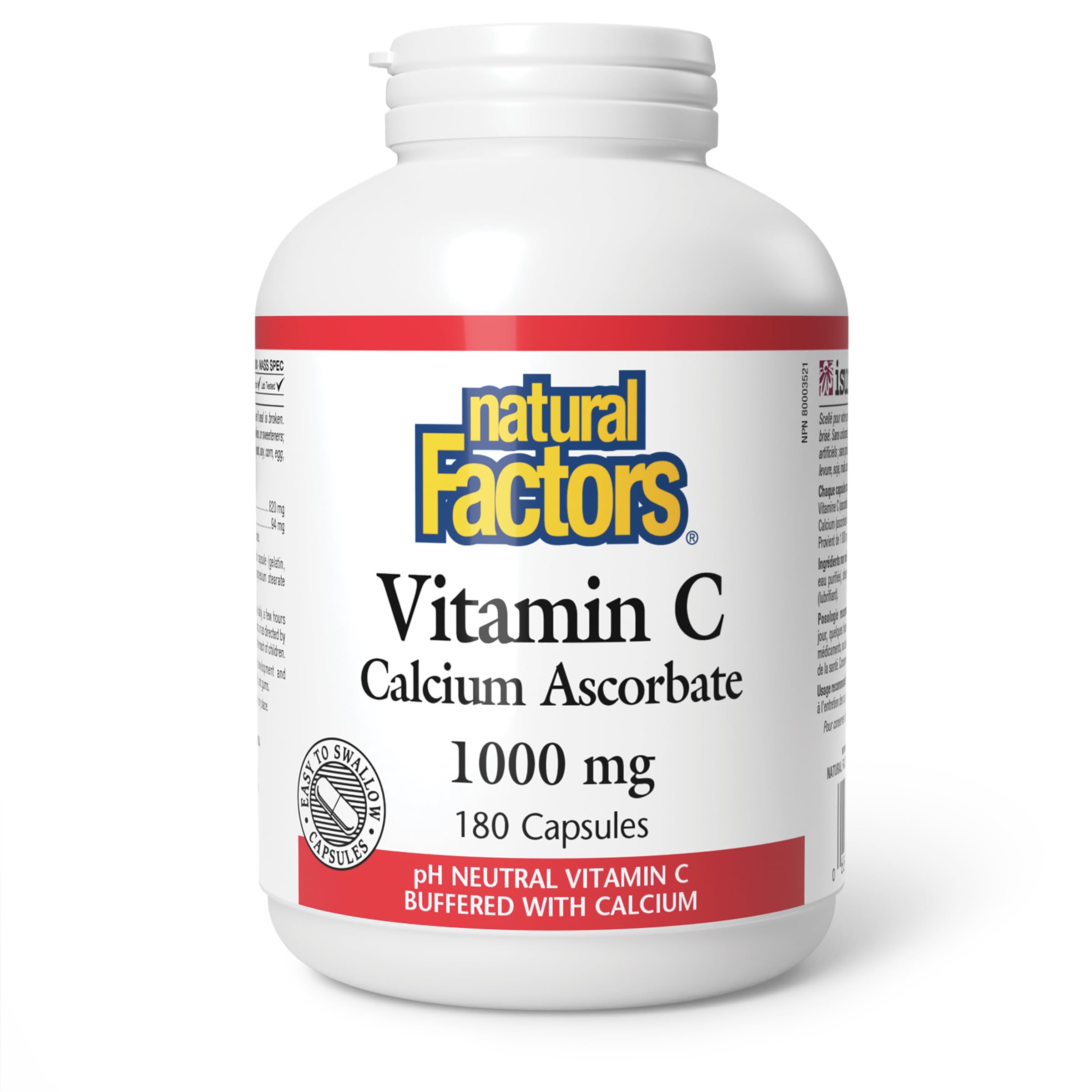 Natural Factors Vitamin C Calcium Ascorbate 1000 mg - 180 Capsules, HIGH POTENCY, pH Neutral Vitamin C Buffered with Calcium, Proudly Canadian