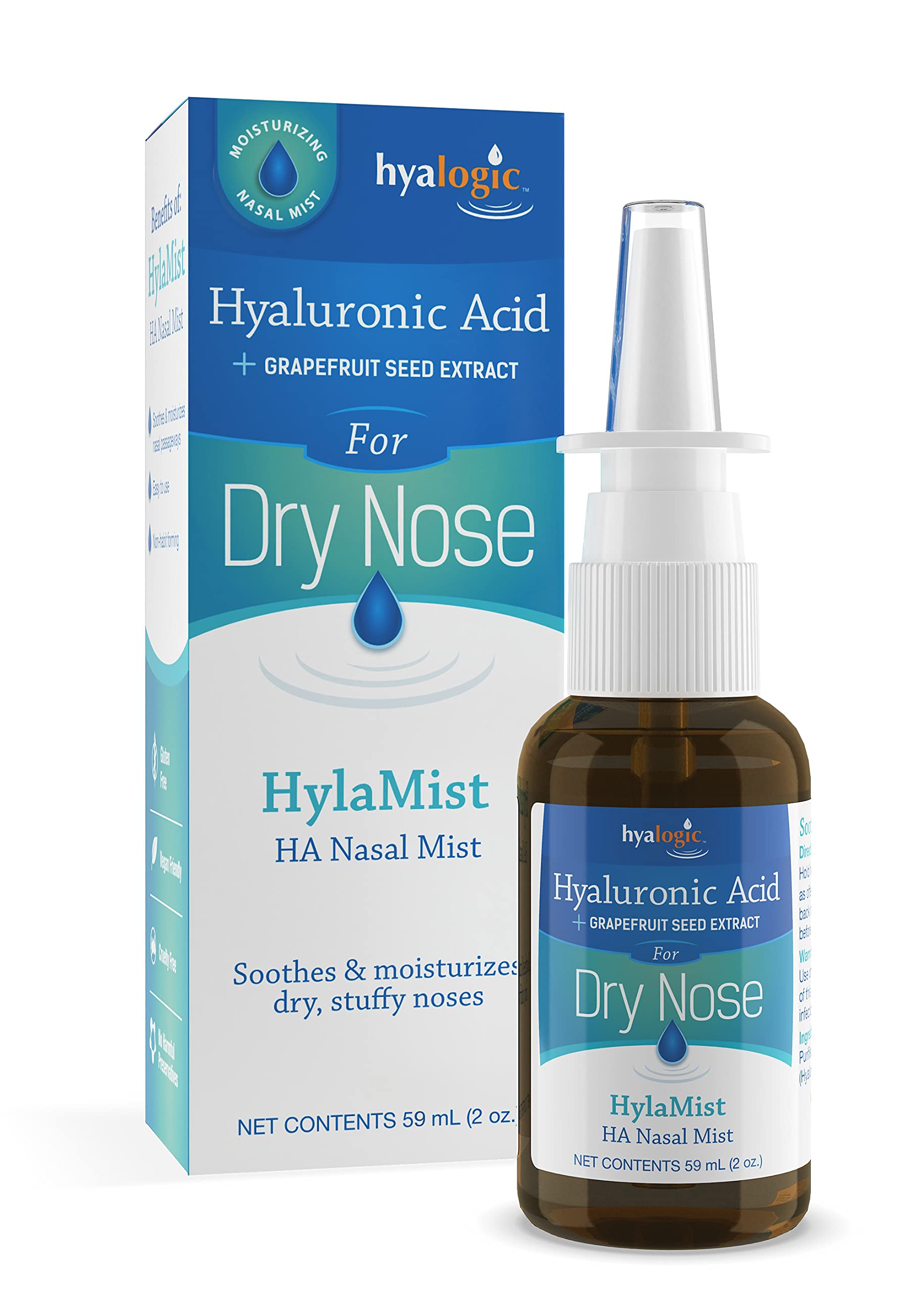 Hyalogic - Spray nasal, 59 ml - Acide hyaluronique + extrait de pépins de pamplemousse pour nez sec - Apaise et hydrate le nez sec et bouché avec le spray nasal HylaMist HA