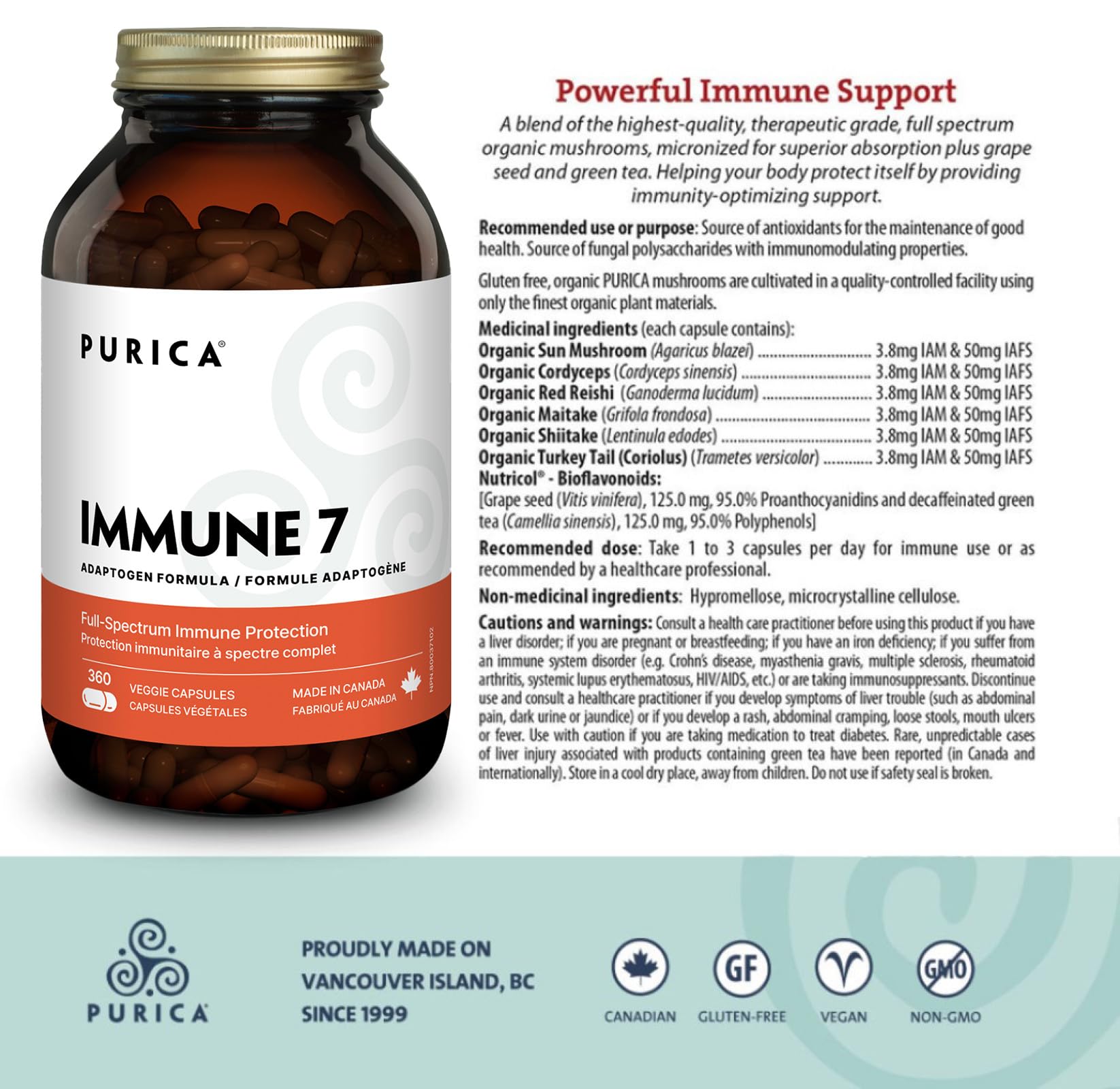PURICA Complexe Immunitaire 7, 60 gélules - Soutien immunitaire complet avec Coriolus versicolor, Cordyceps, Reishi, Maitake, Shiitake, Champignon du Soleil - Vitalité à spectre complet, Améliore la santé et le bien-être